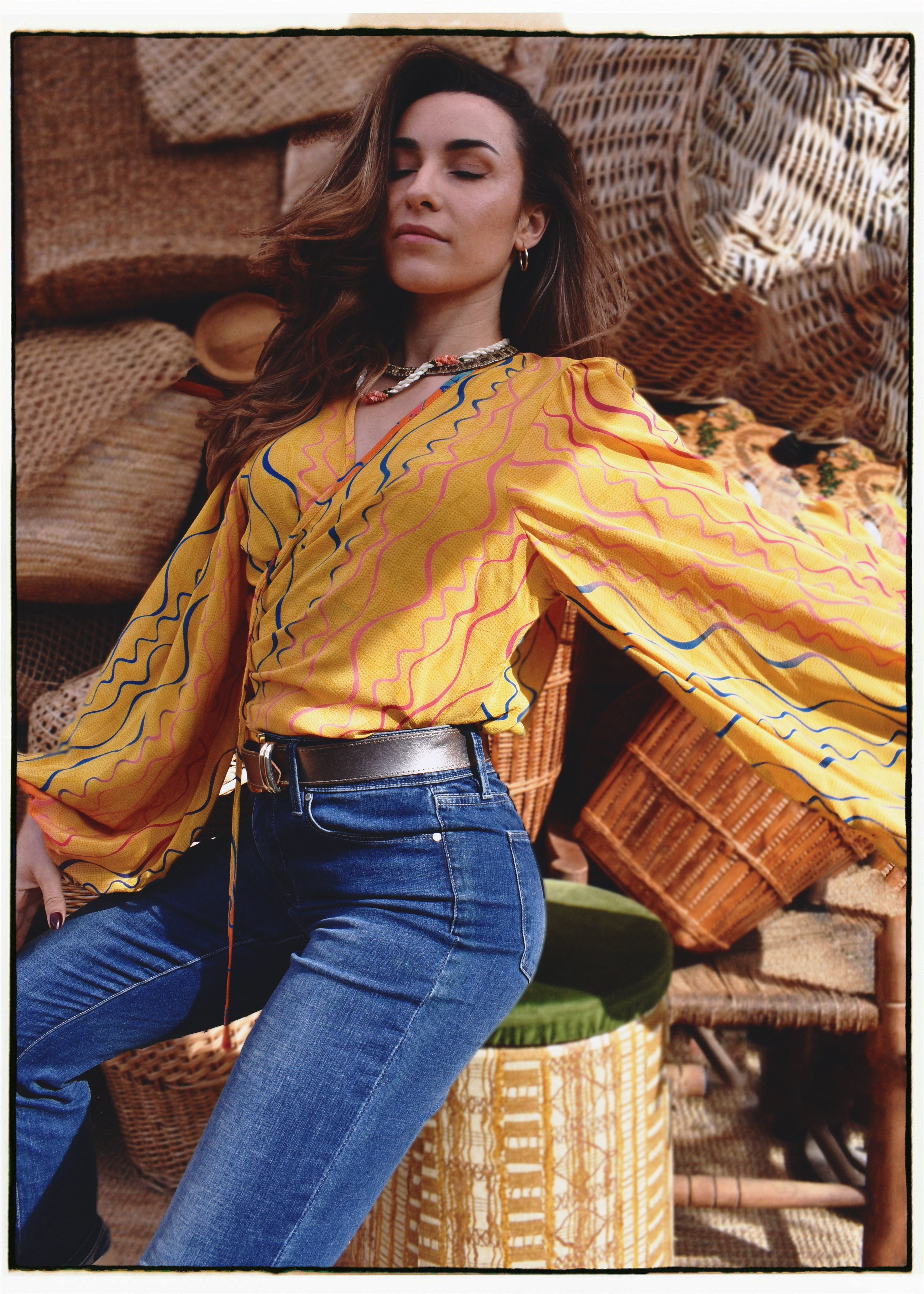 Hoya Silk Crepe Balloon Sleeve Wrap Top ~ Calendula XL