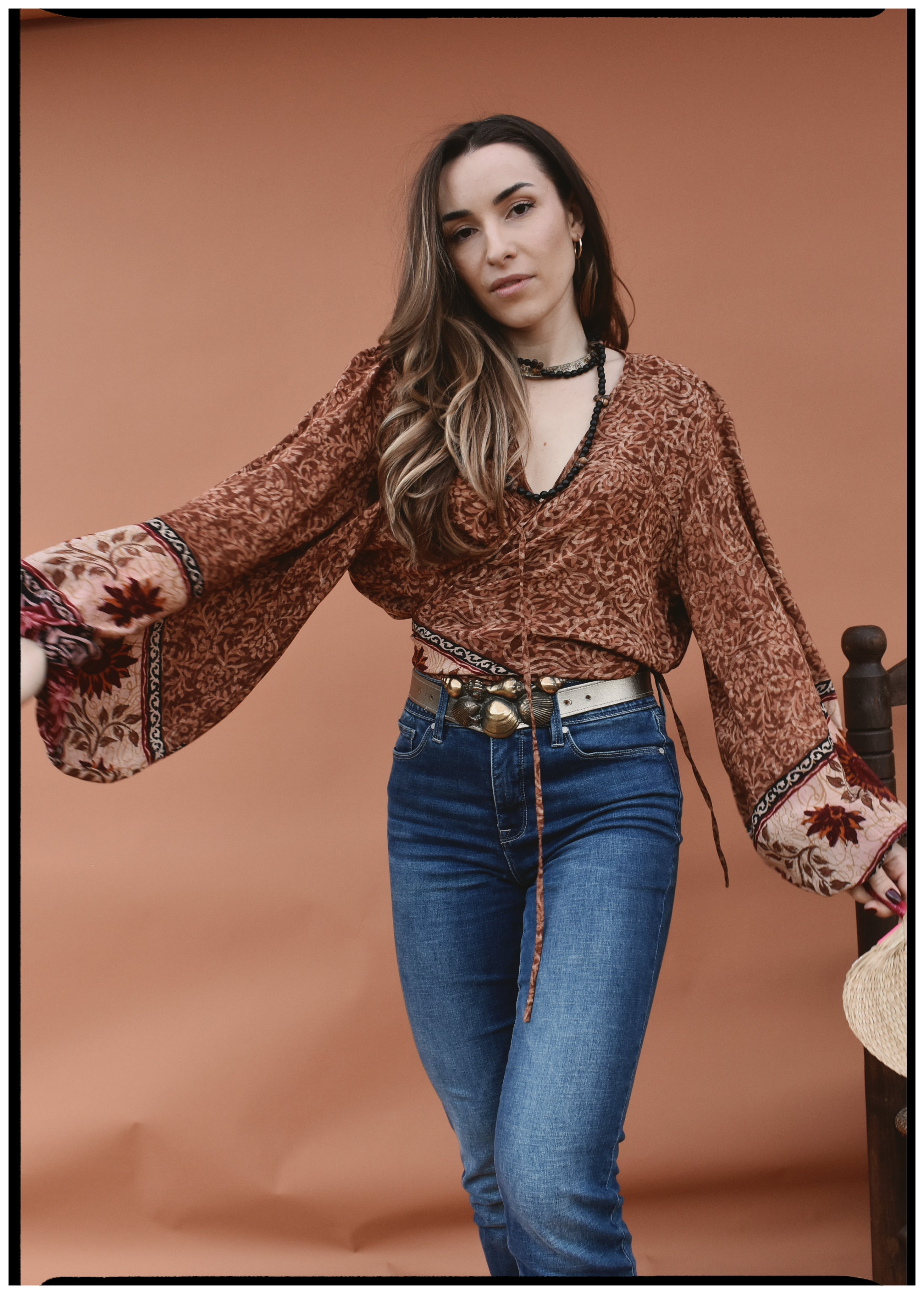 Hoya Silk Crepe Balloon Sleeve Wrap Top ~ Boheme XL