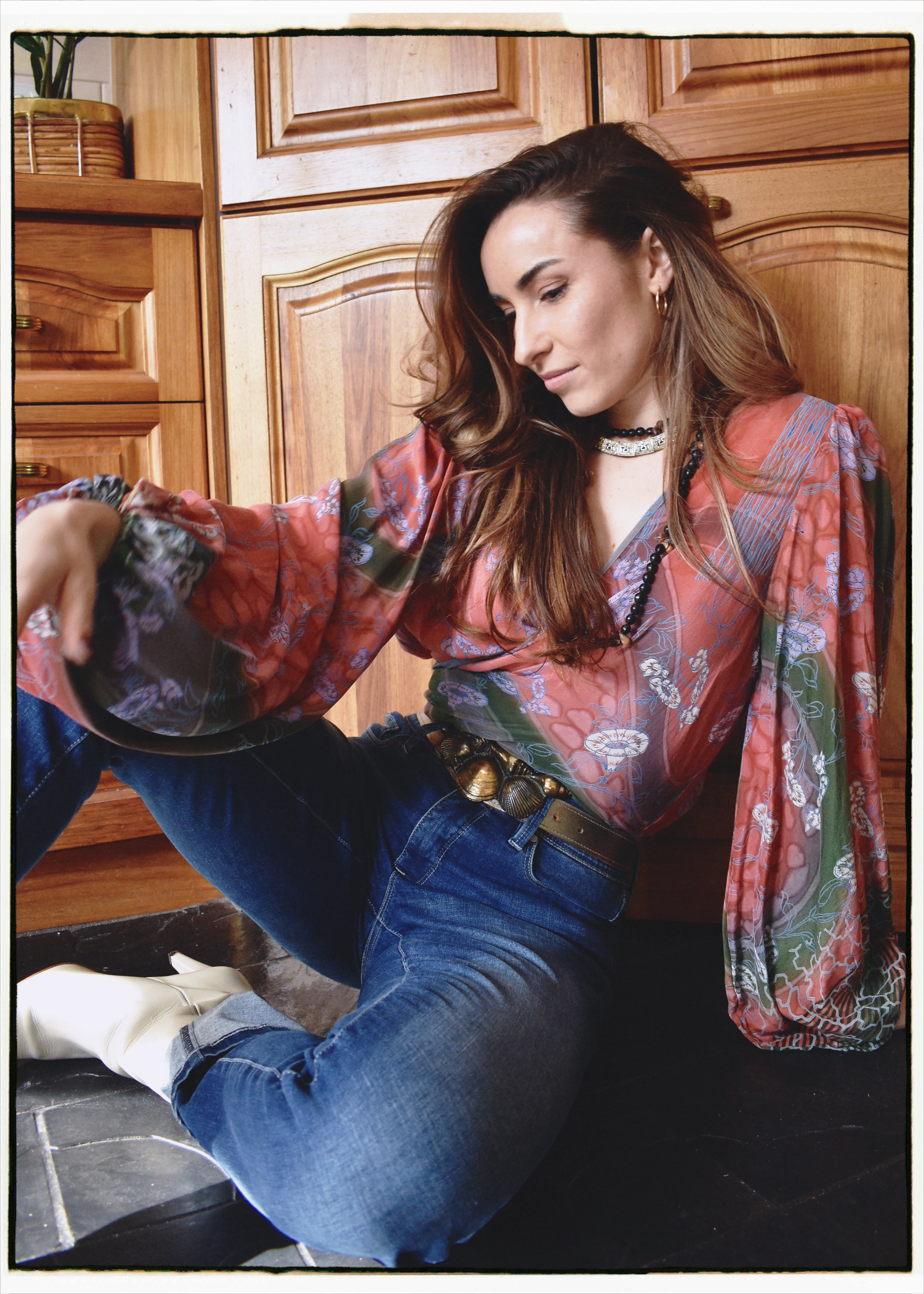 Hoya Silk Crepe Balloon Sleeve Wrap Top ~ Bittersweet L