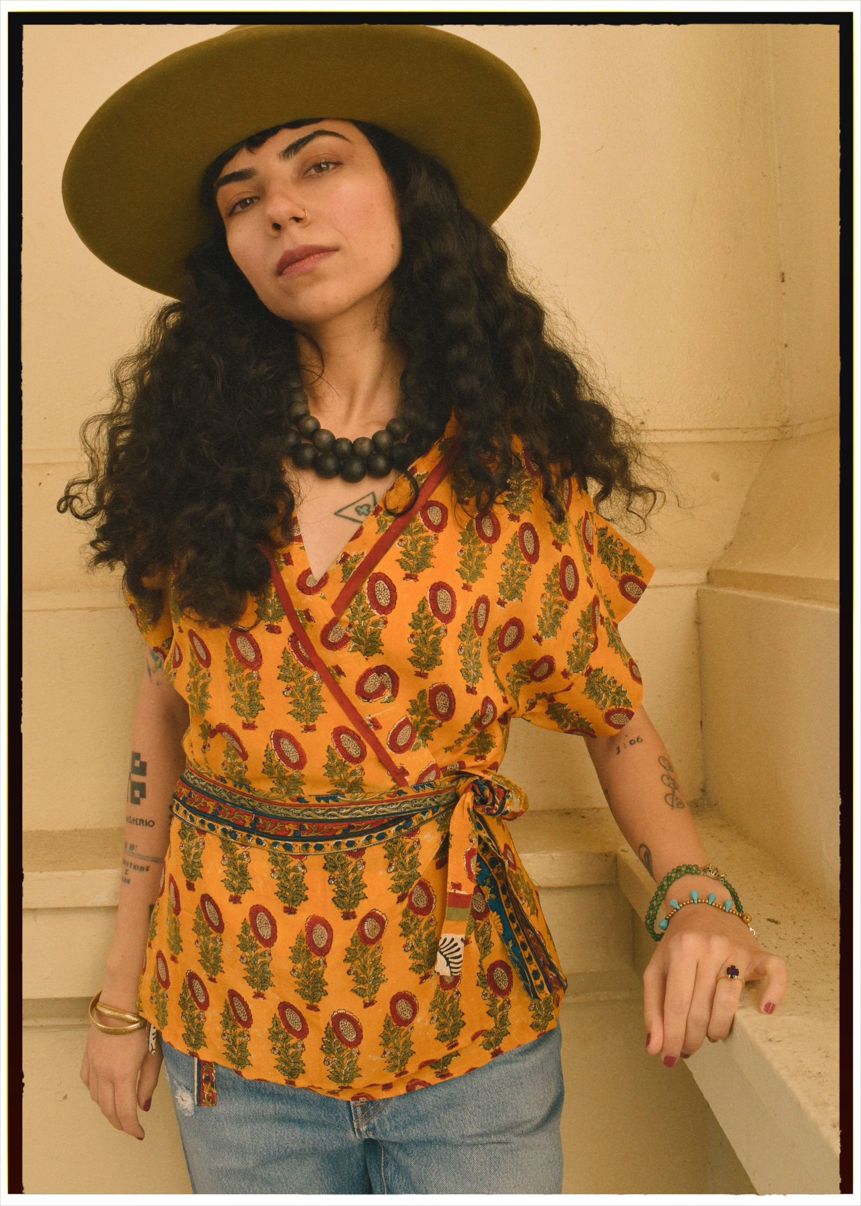 Bassia Silk Crepe Cross Tie Front Blouse ~ Marigold XS