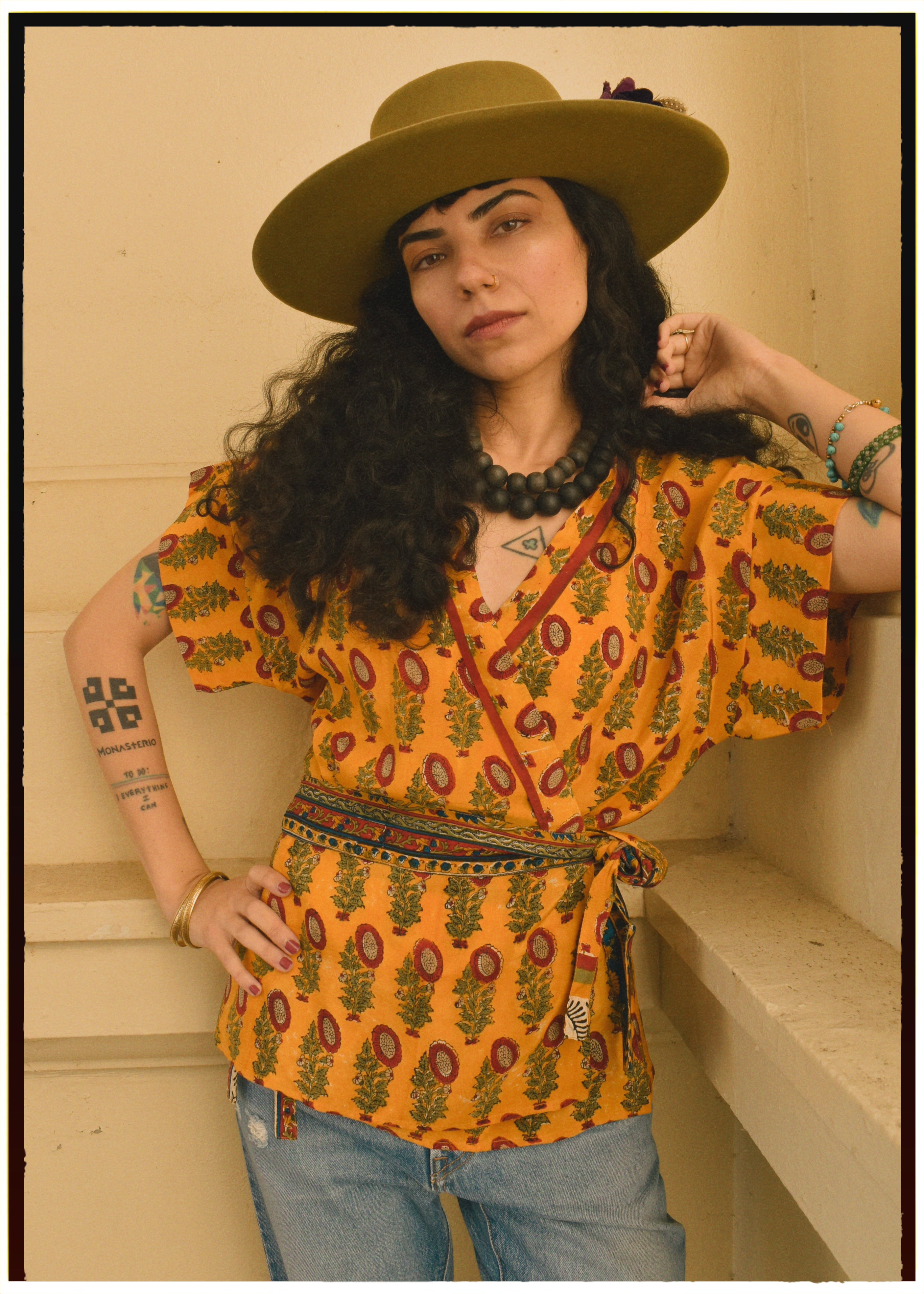 Bassia Silk Crepe Cross Tie Front Blouse ~ Marigold XS