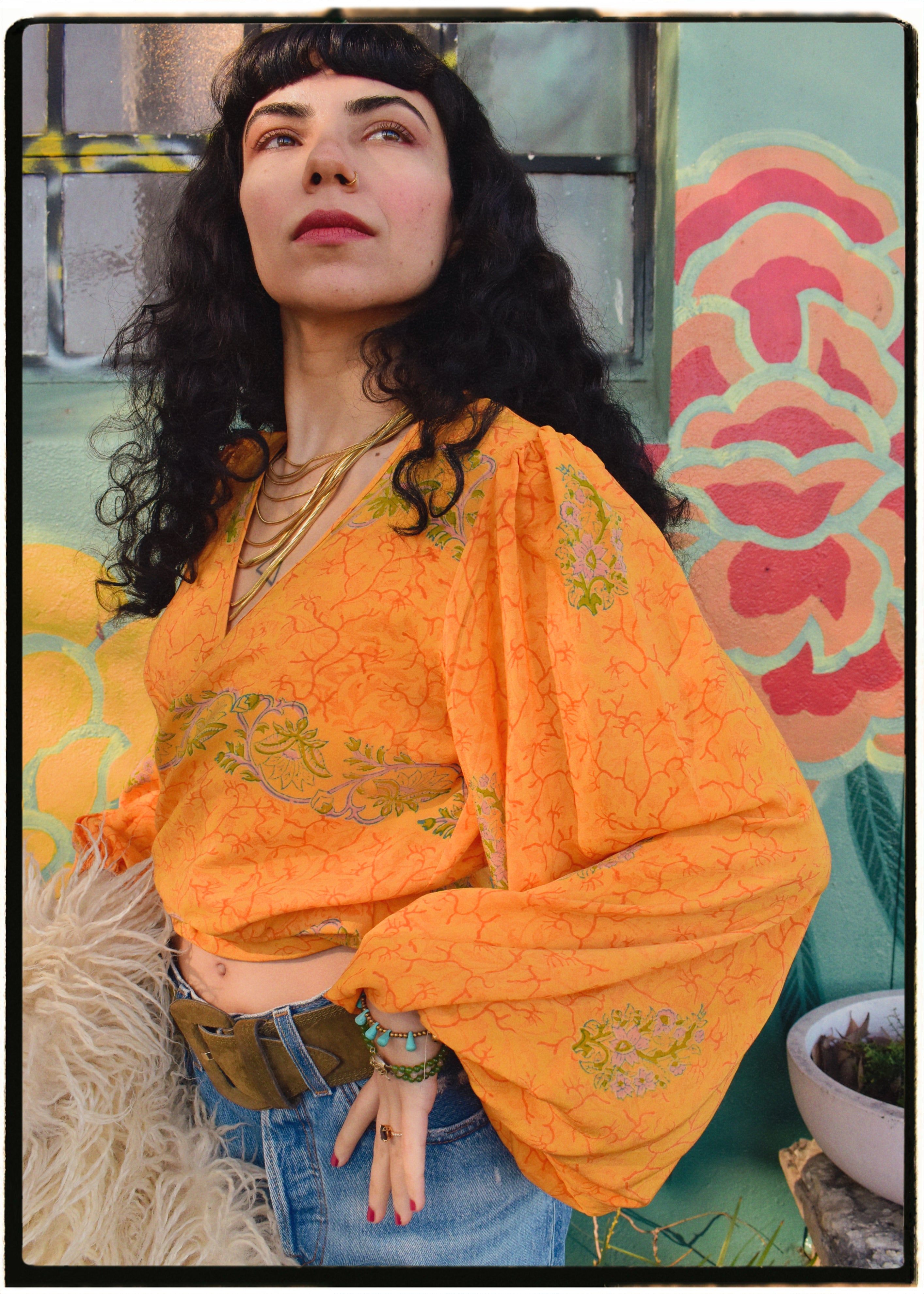 Hoya Silk Crepe Balloon Sleeve Wrap Top ~ Marigold XS