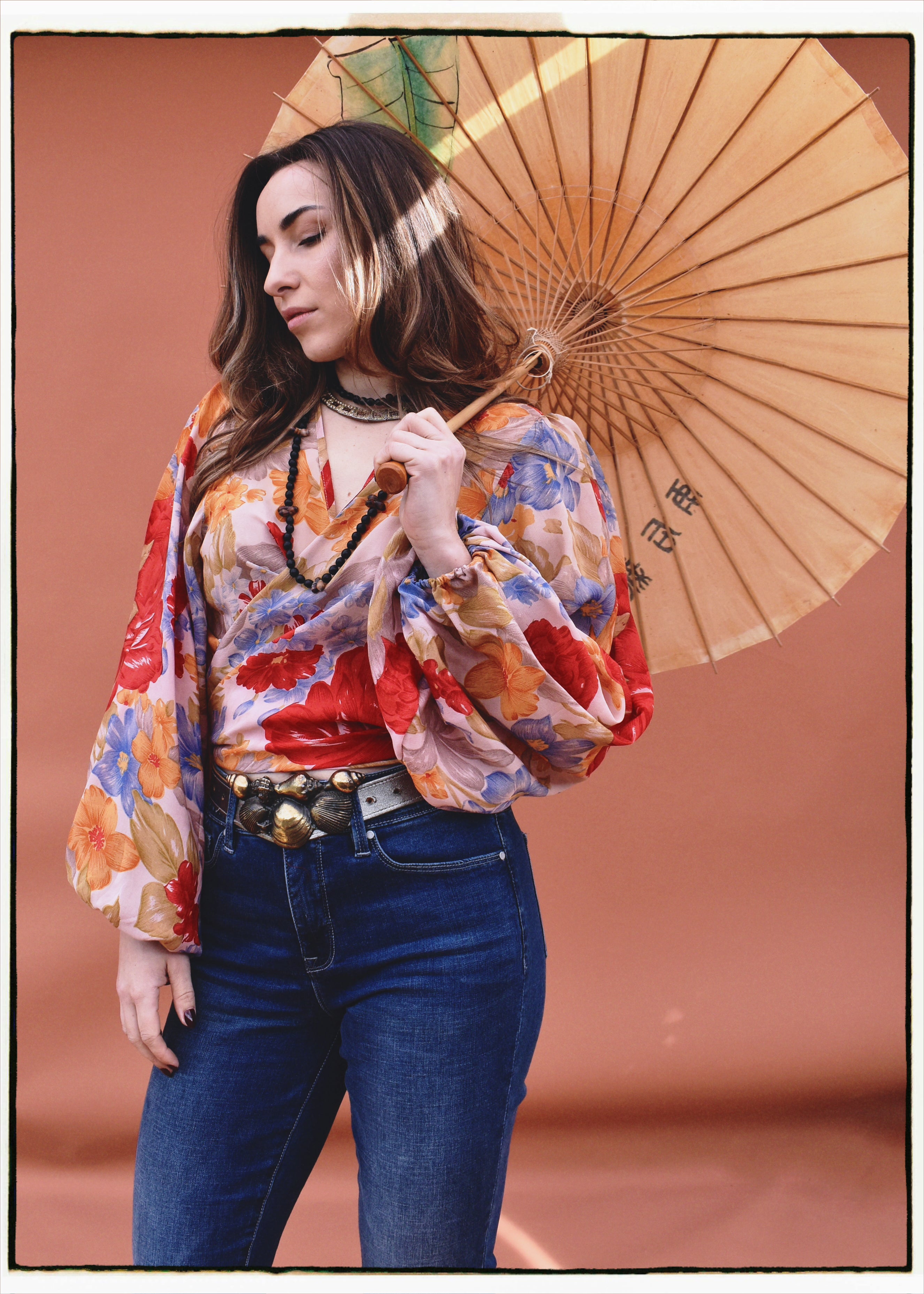 Hoya Silk Crepe Balloon Sleeve Wrap Top ~ Flora L
