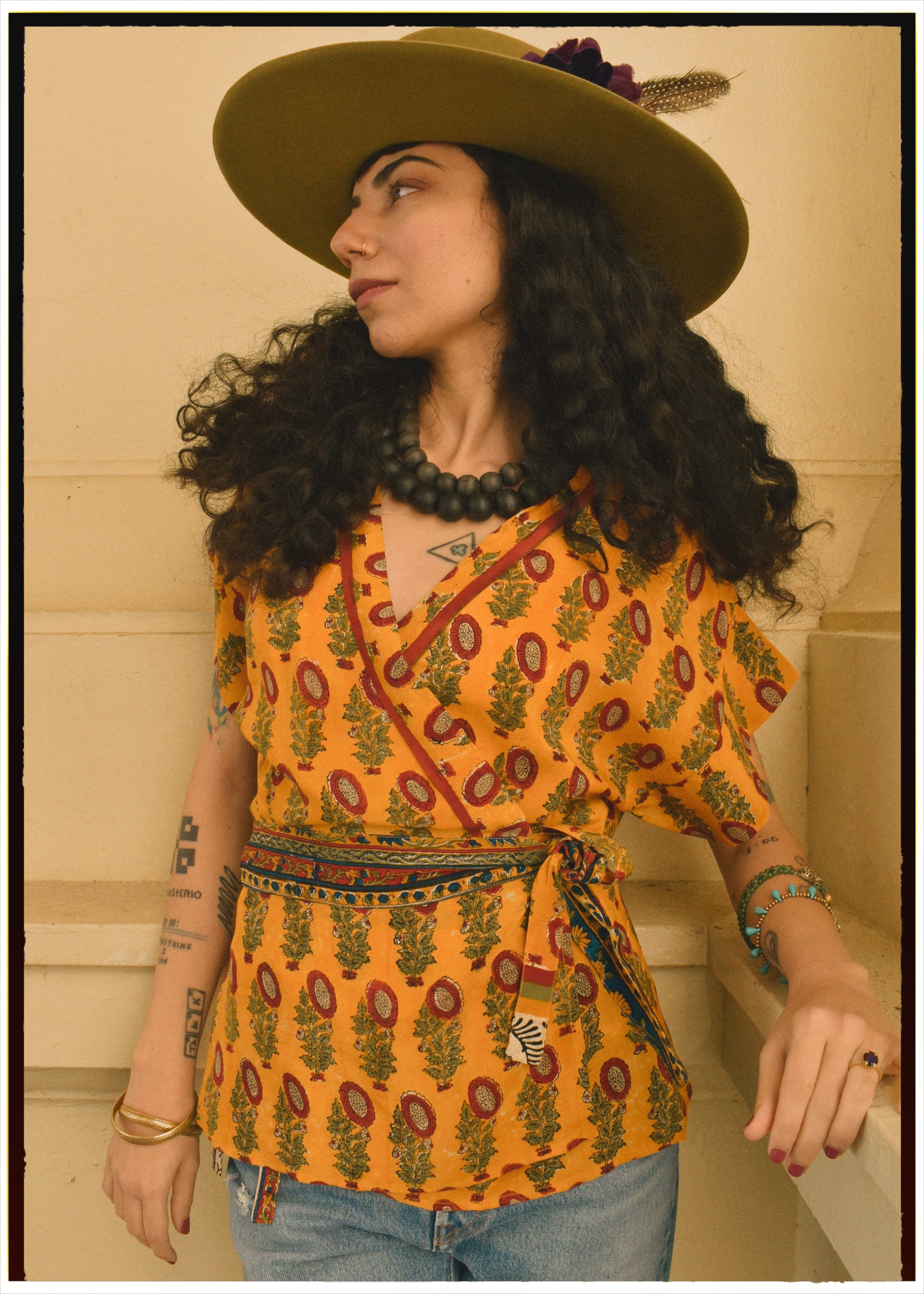 Bassia Silk Crepe Cross Tie Front Blouse ~ Marigold XS