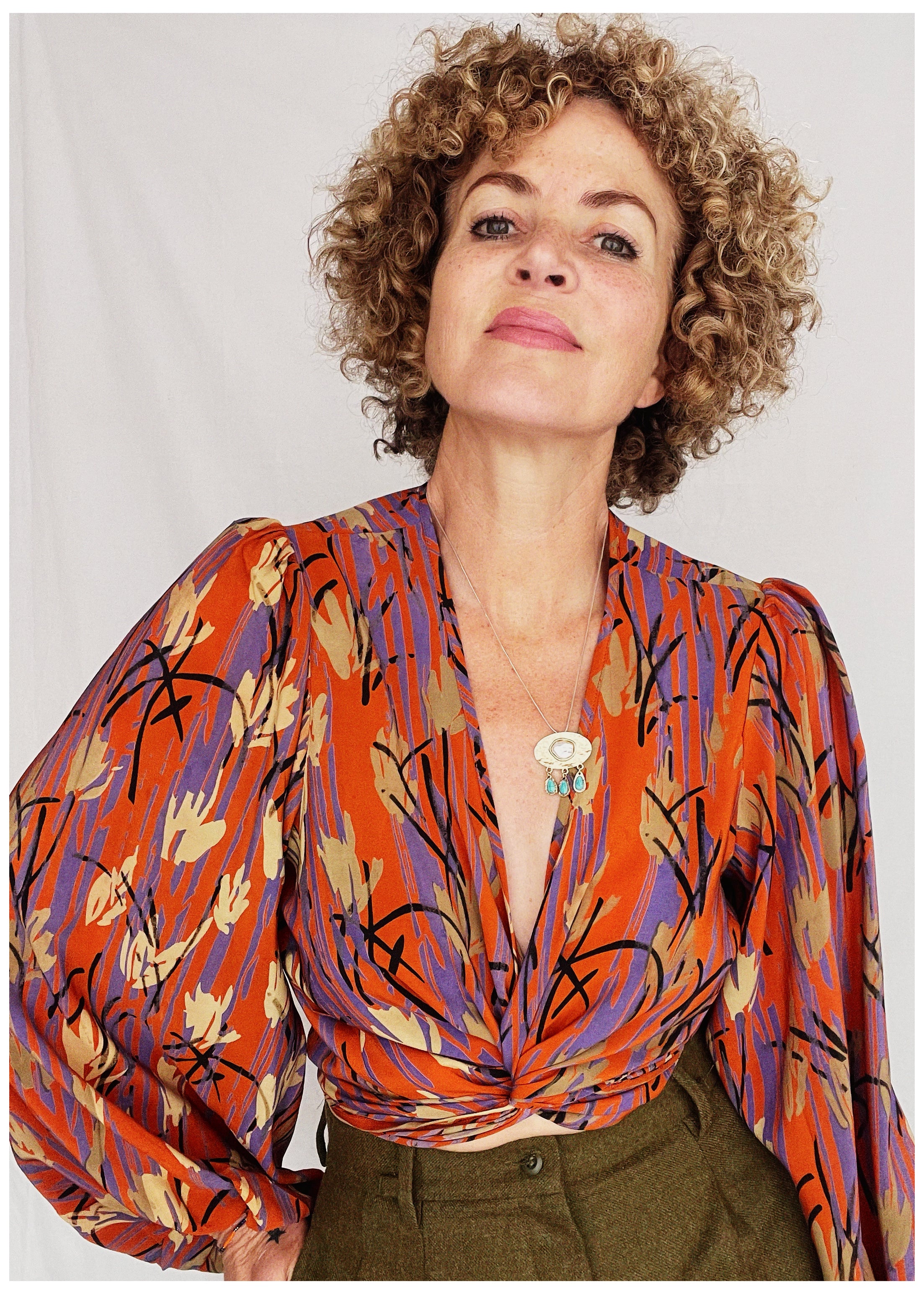 Hoya Silk Crepe Balloon Sleeve Wrap Top ~ Tangerine L