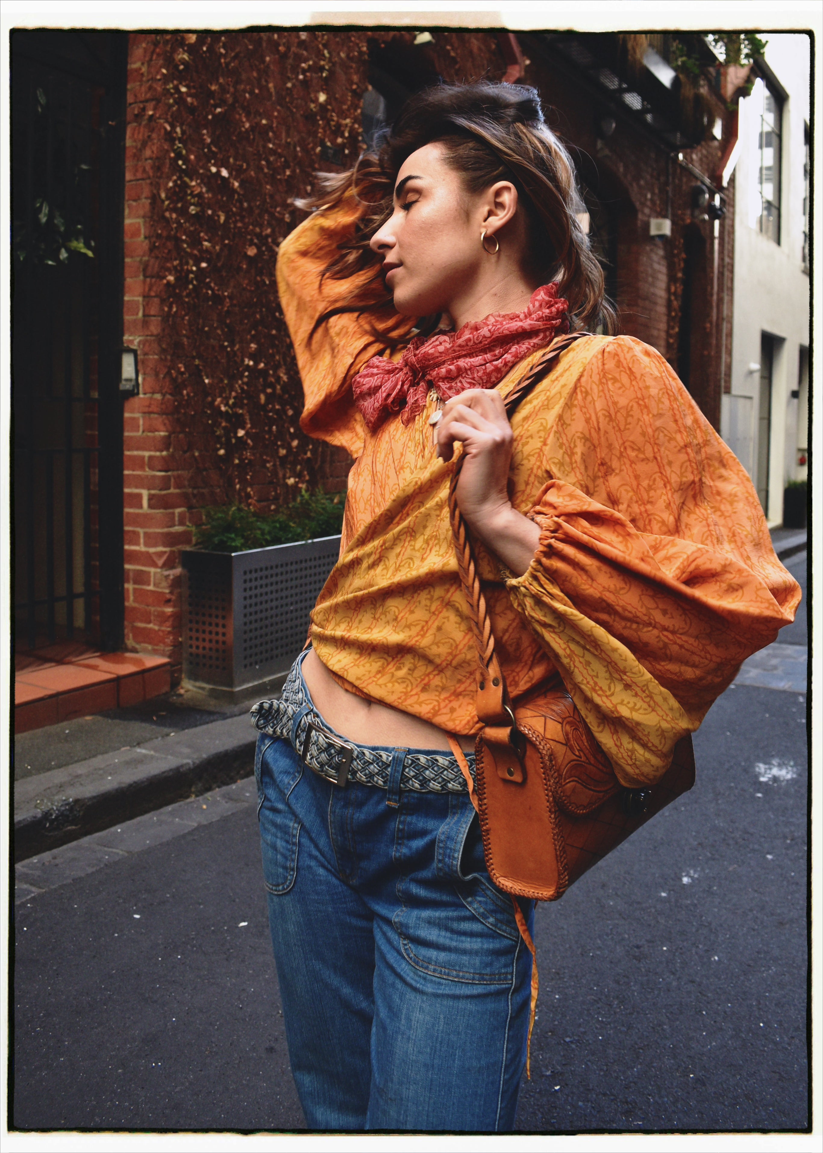 Hoya Silk Crepe Balloon Sleeve Wrap Top ~ Papaya M