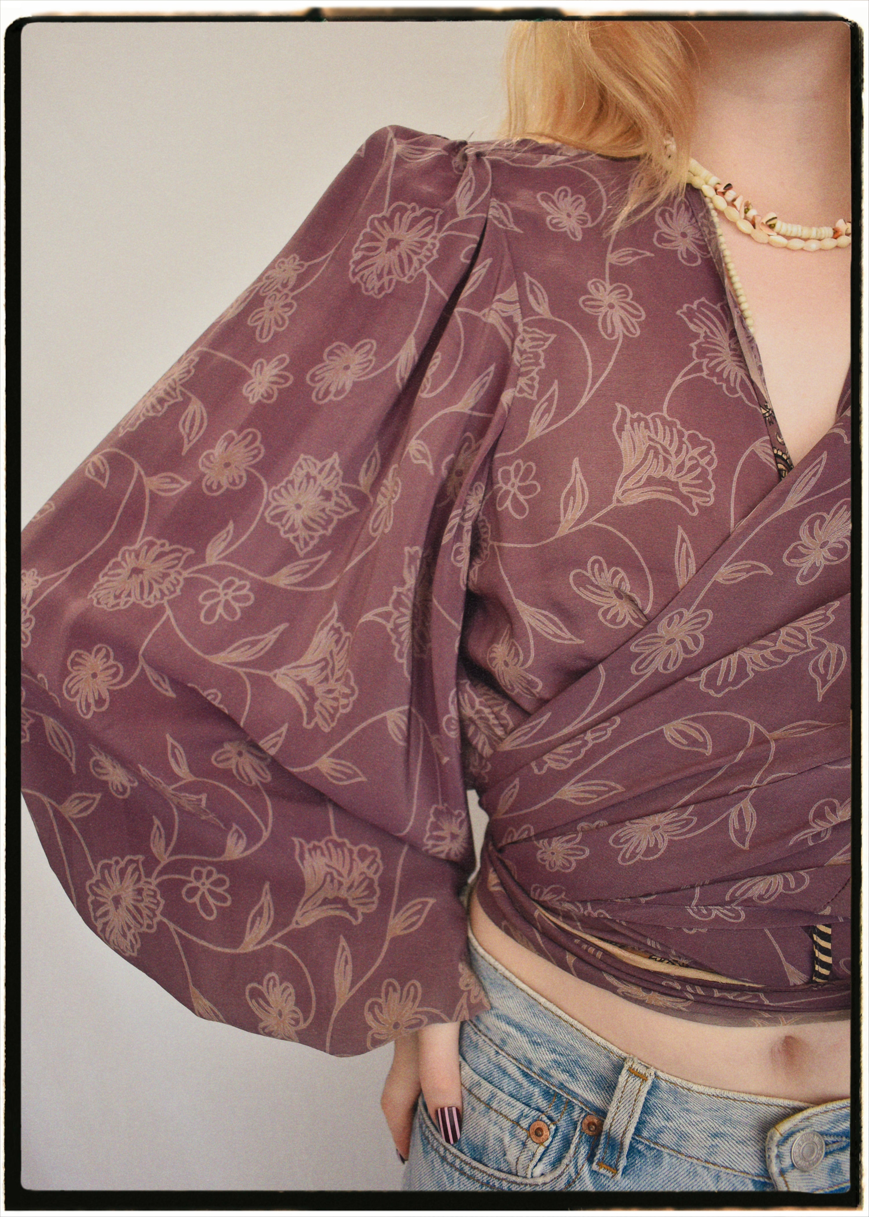 Hoya Silk Crepe Balloon Sleeve Wrap Top ~ Dusty Mauve L