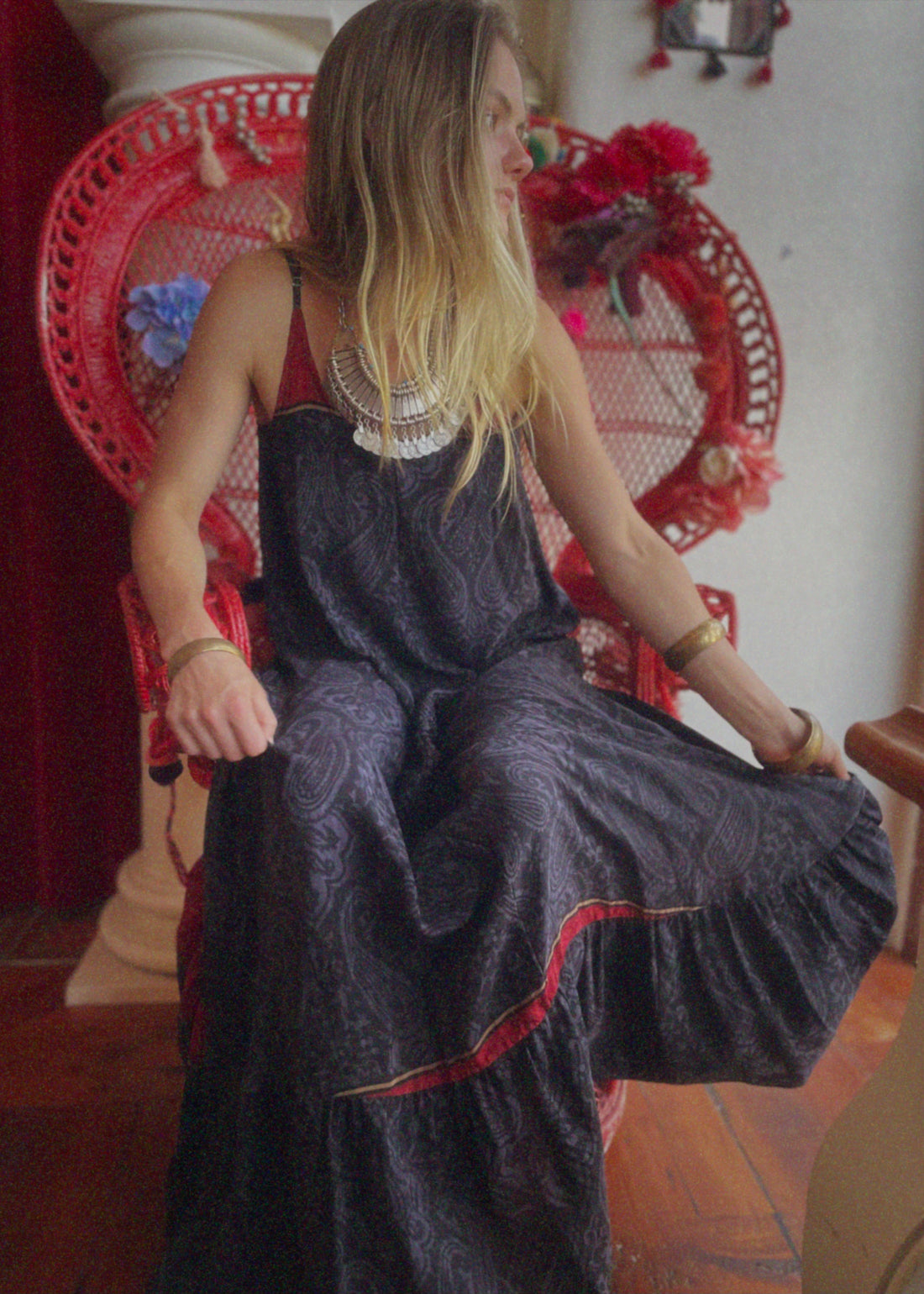 Eustoma Silk Crepe Swing Maxi Dress ~ Nero XS