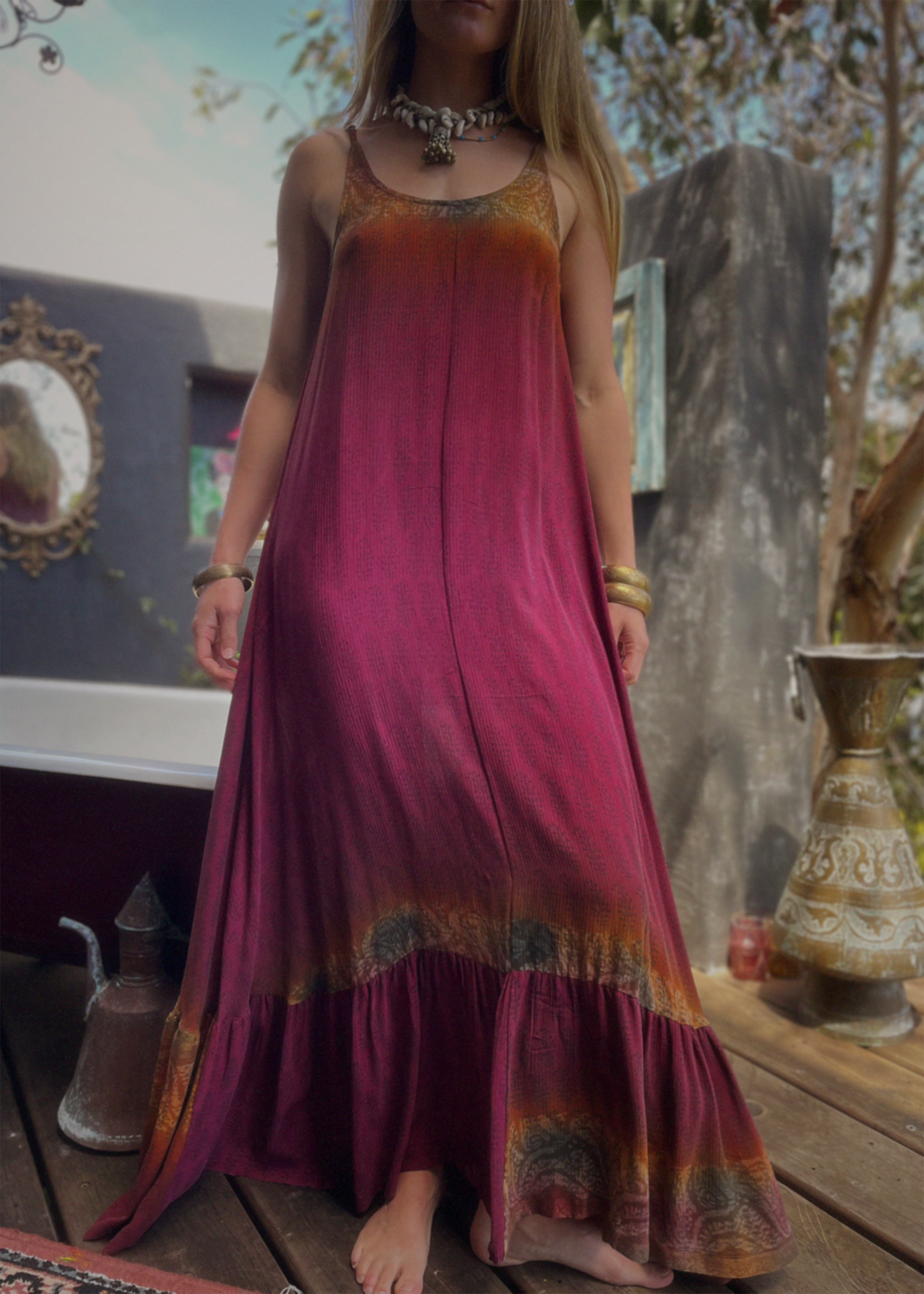 Eustoma Silk Crepe Swing Maxi Dress ~ Garnet XS