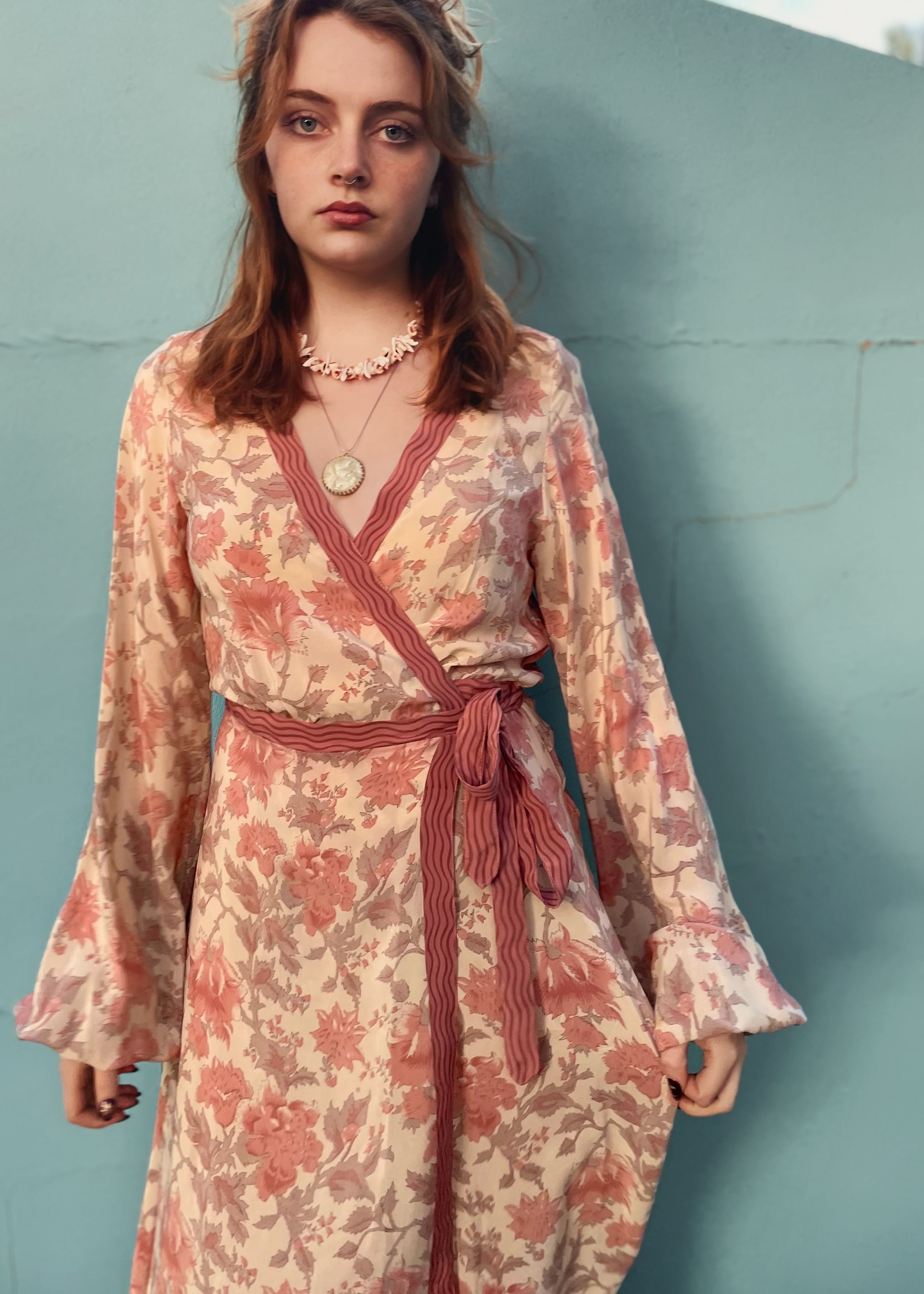 Caladium Wrap Silk Dress ~ Rose M