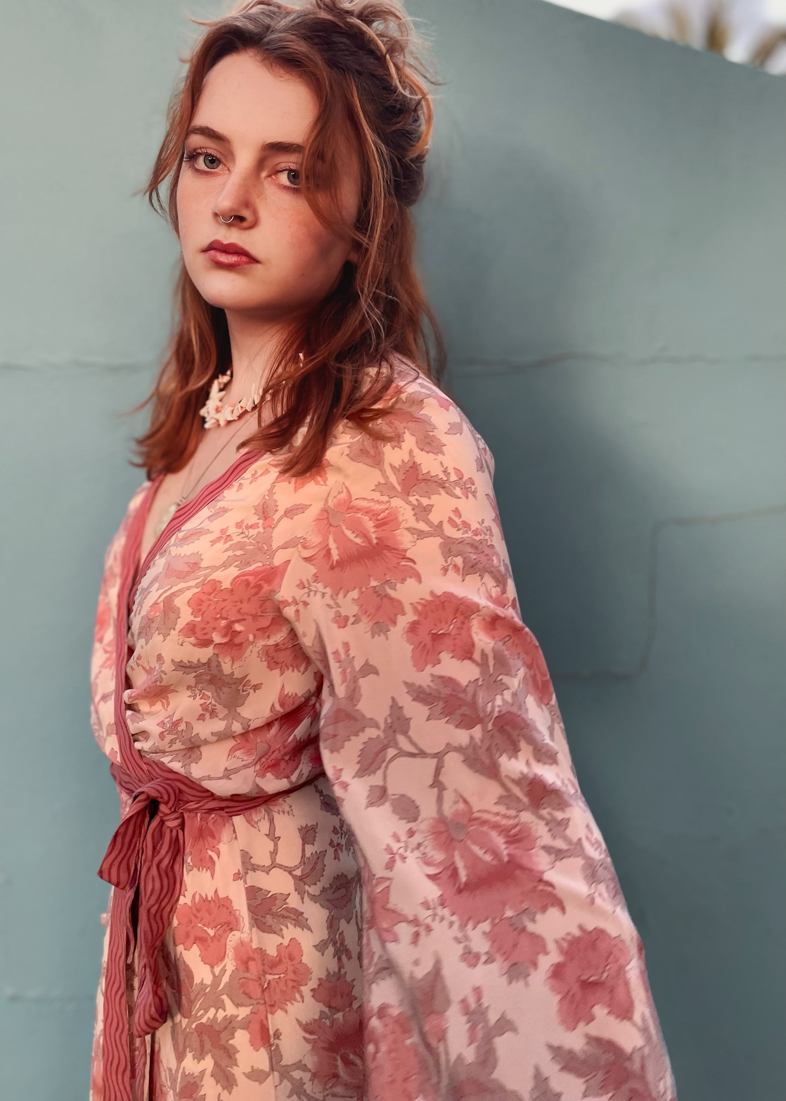 Caladium Wrap Silk Dress ~ Rose M