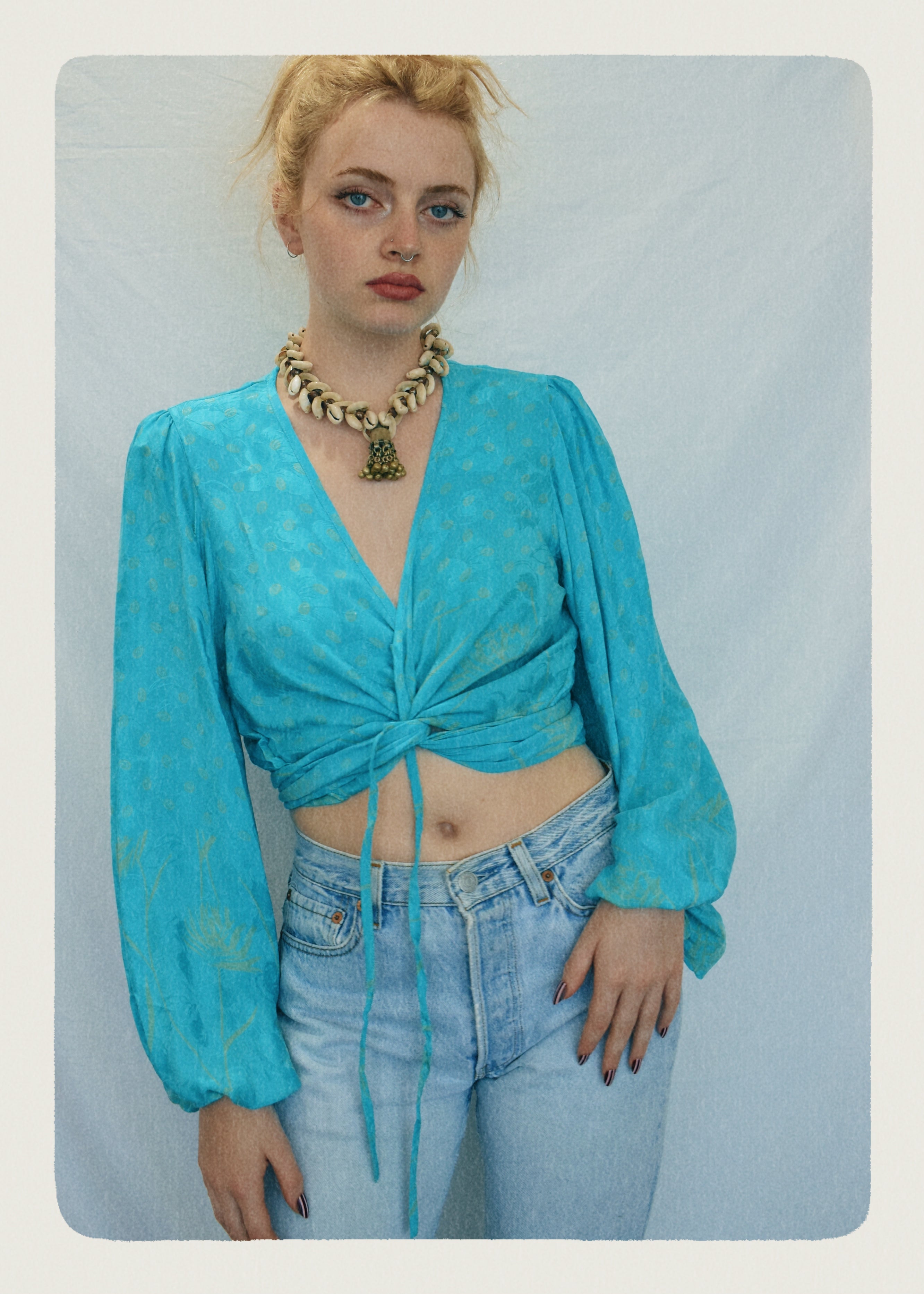 Hoya Silk Crepe Balloon Sleeve Wrap Top ~ Porcelain S