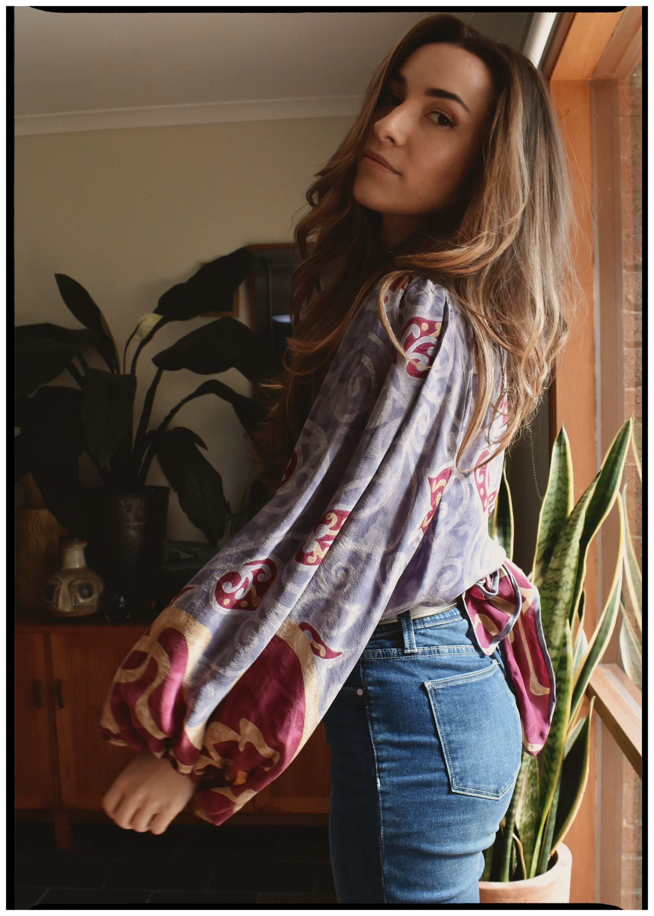 Hoya Silk Crepe Balloon Sleeve Wrap Top ~ Mauve XL