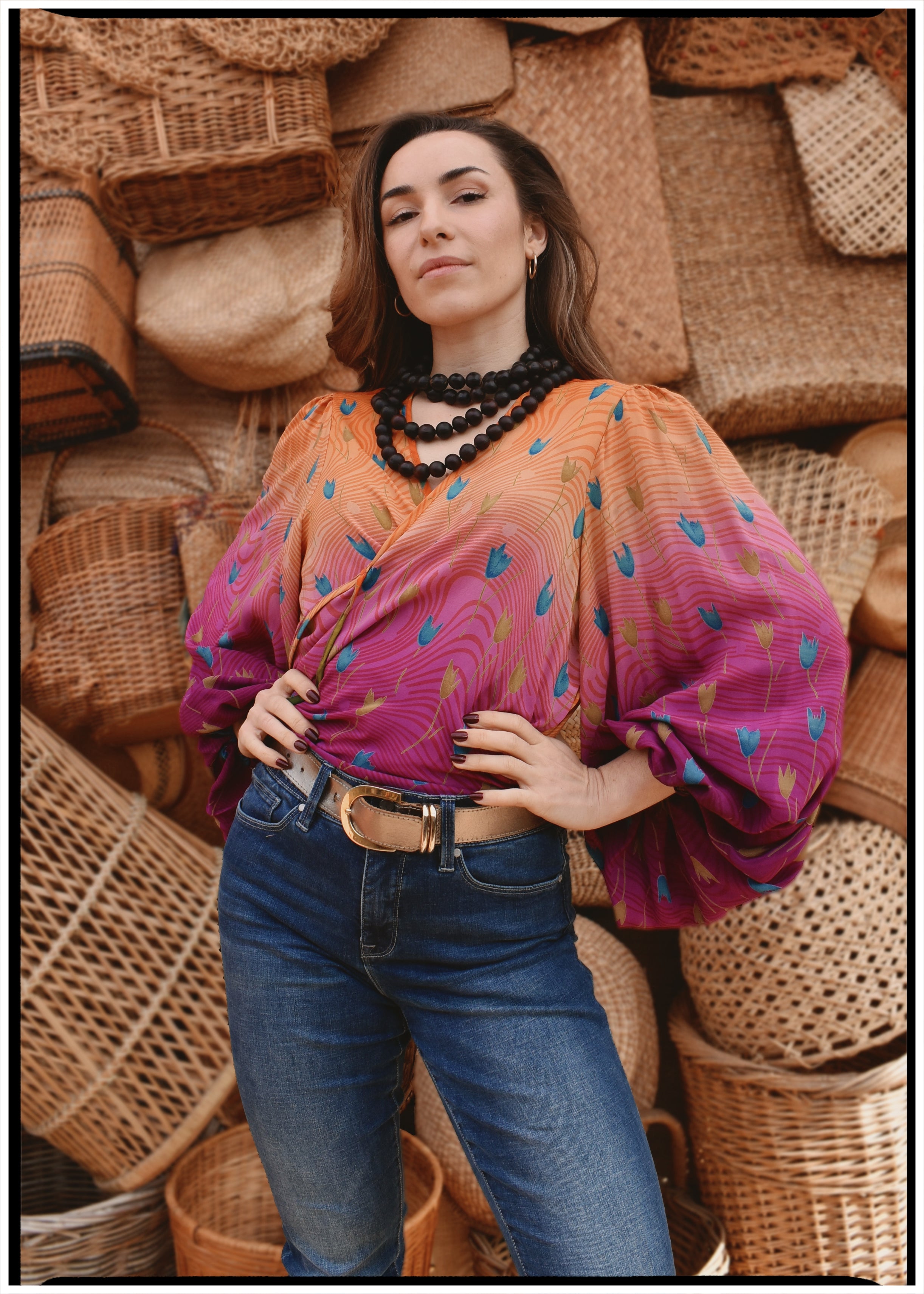 Hoya Silk Crepe Balloon Sleeve Wrap Top ~ Tequila Sunrise XL