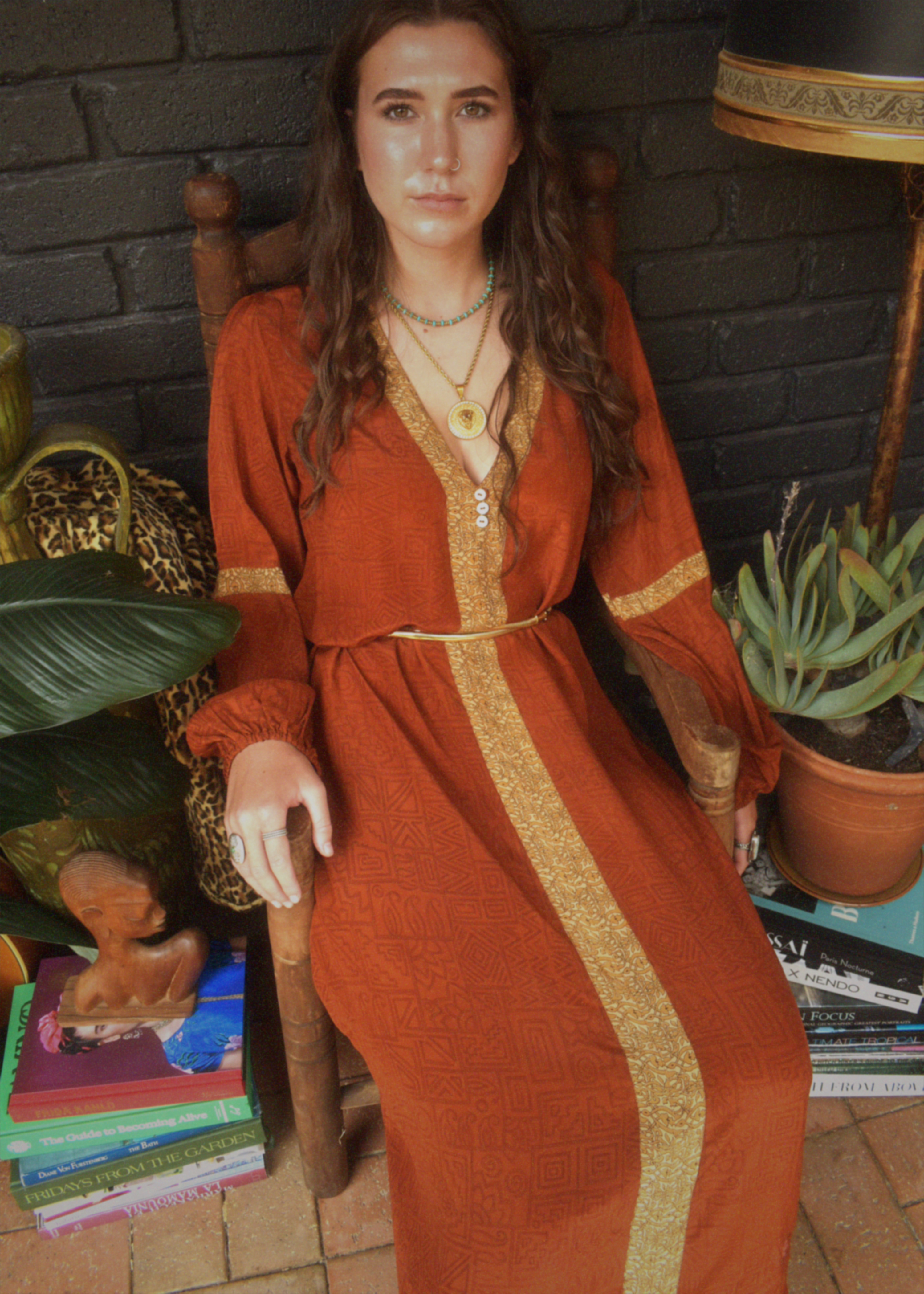 Zea Silk Crepe Kaftan Maxi Dress ~ Almond L