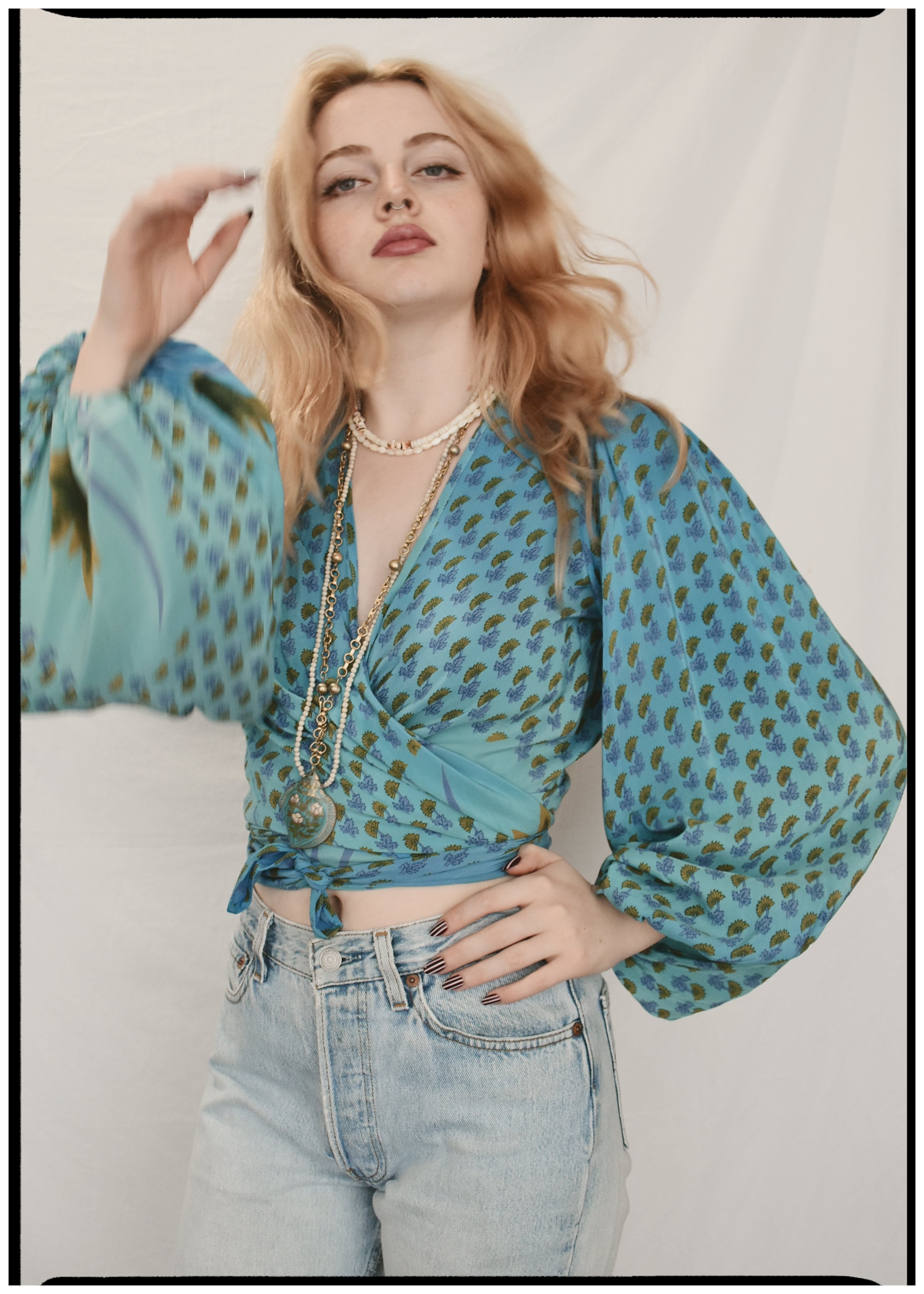 Hoya Silk Crepe Balloon Sleeve Wrap Top ~ Saxony XS