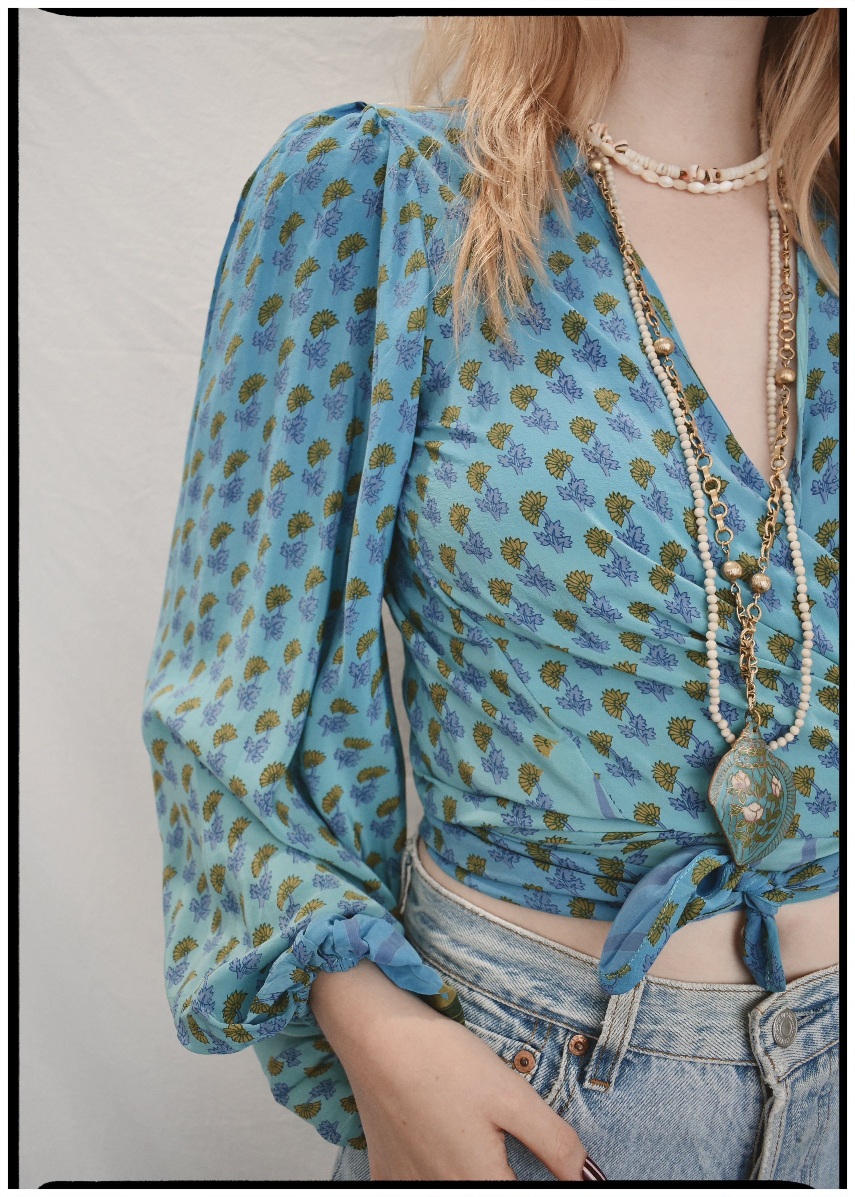 Hoya Silk Crepe Balloon Sleeve Wrap Top ~ Saxony XS