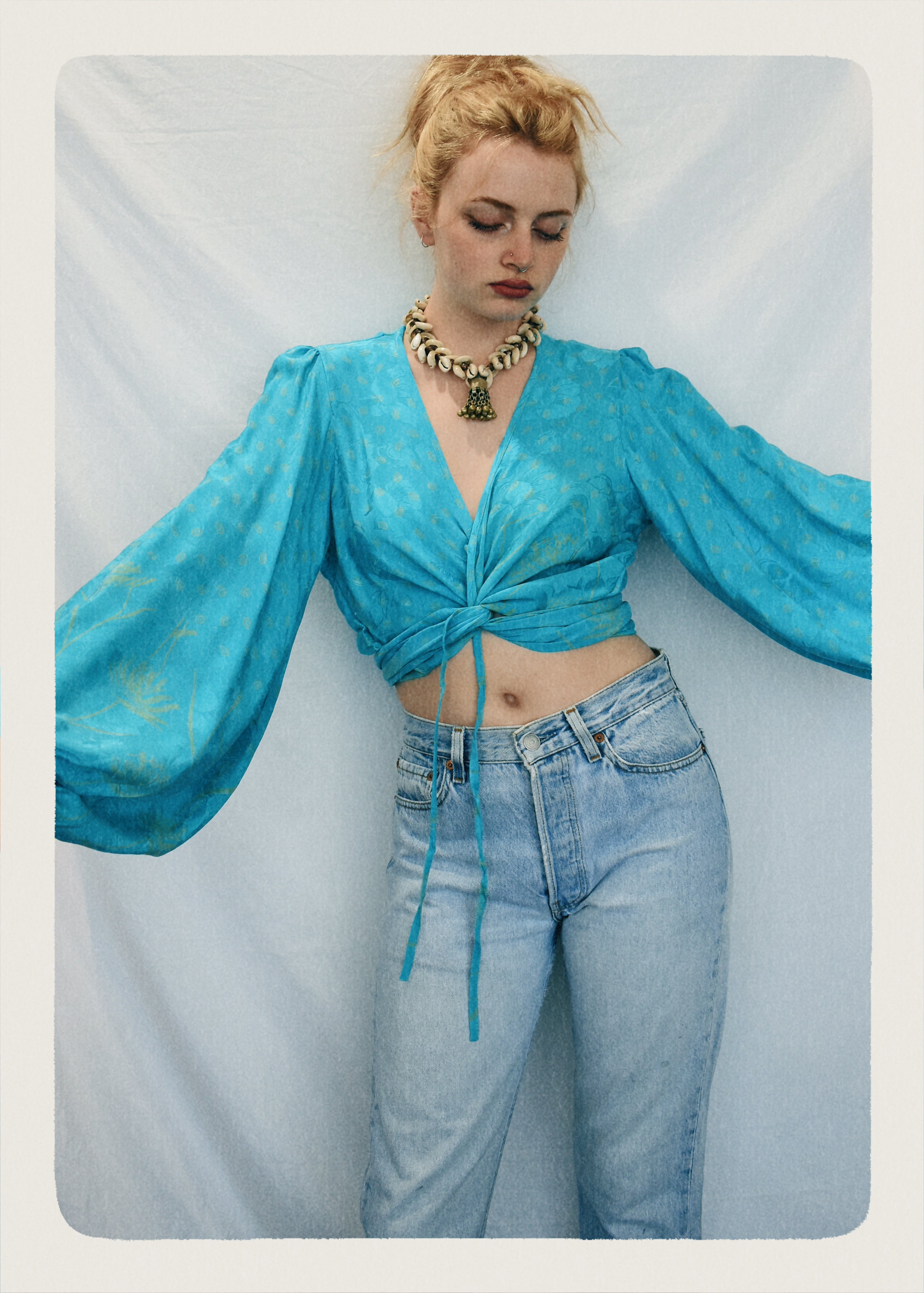 Hoya Silk Crepe Balloon Sleeve Wrap Top ~ Porcelain S