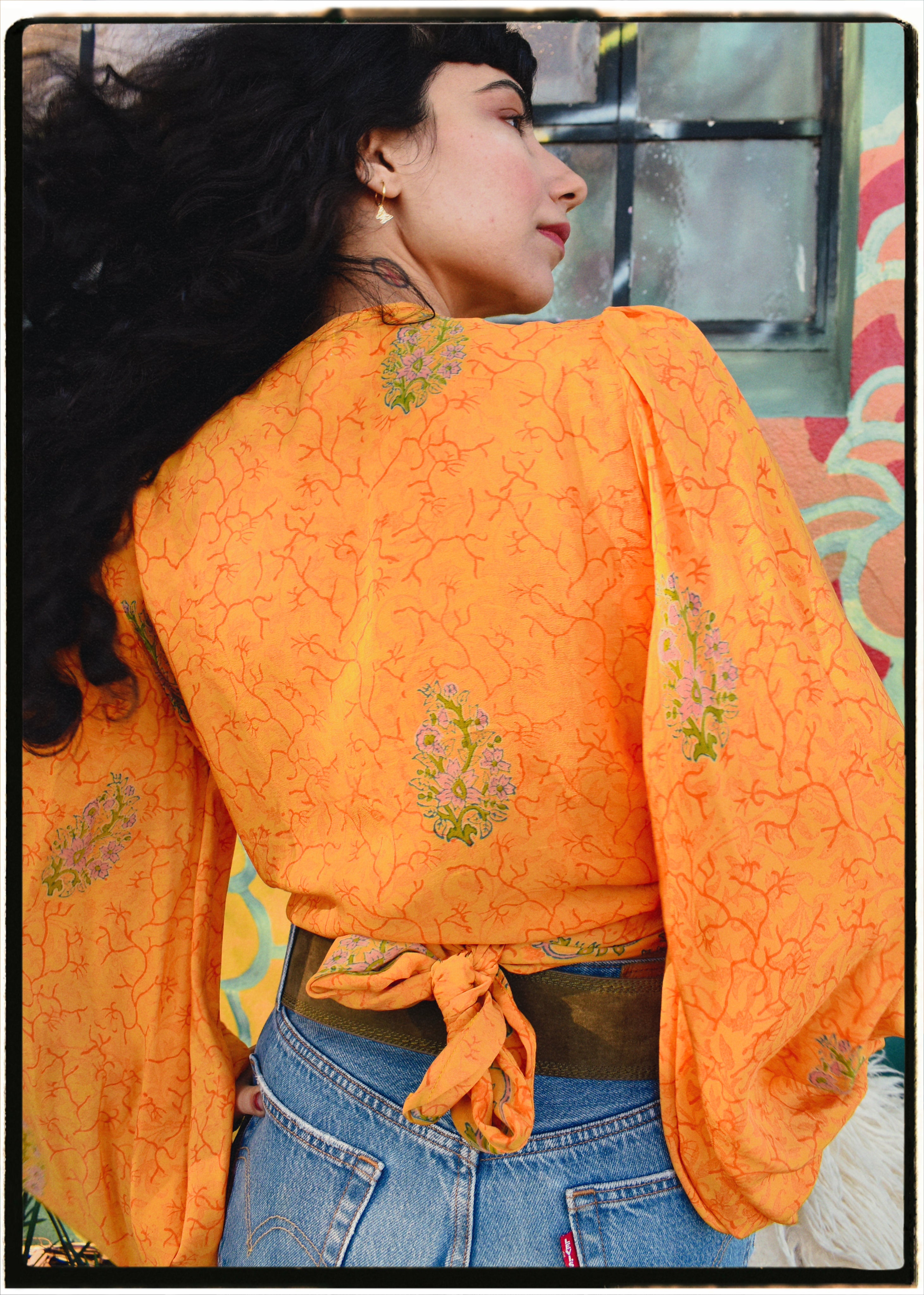 Hoya Silk Crepe Balloon Sleeve Wrap Top ~ Marigold XS