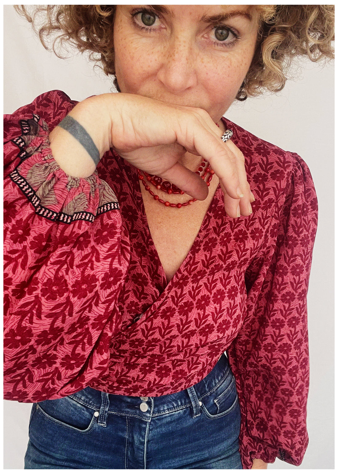 Hoya Silk Crepe Balloon Sleeve Wrap Top ~ Sangria S