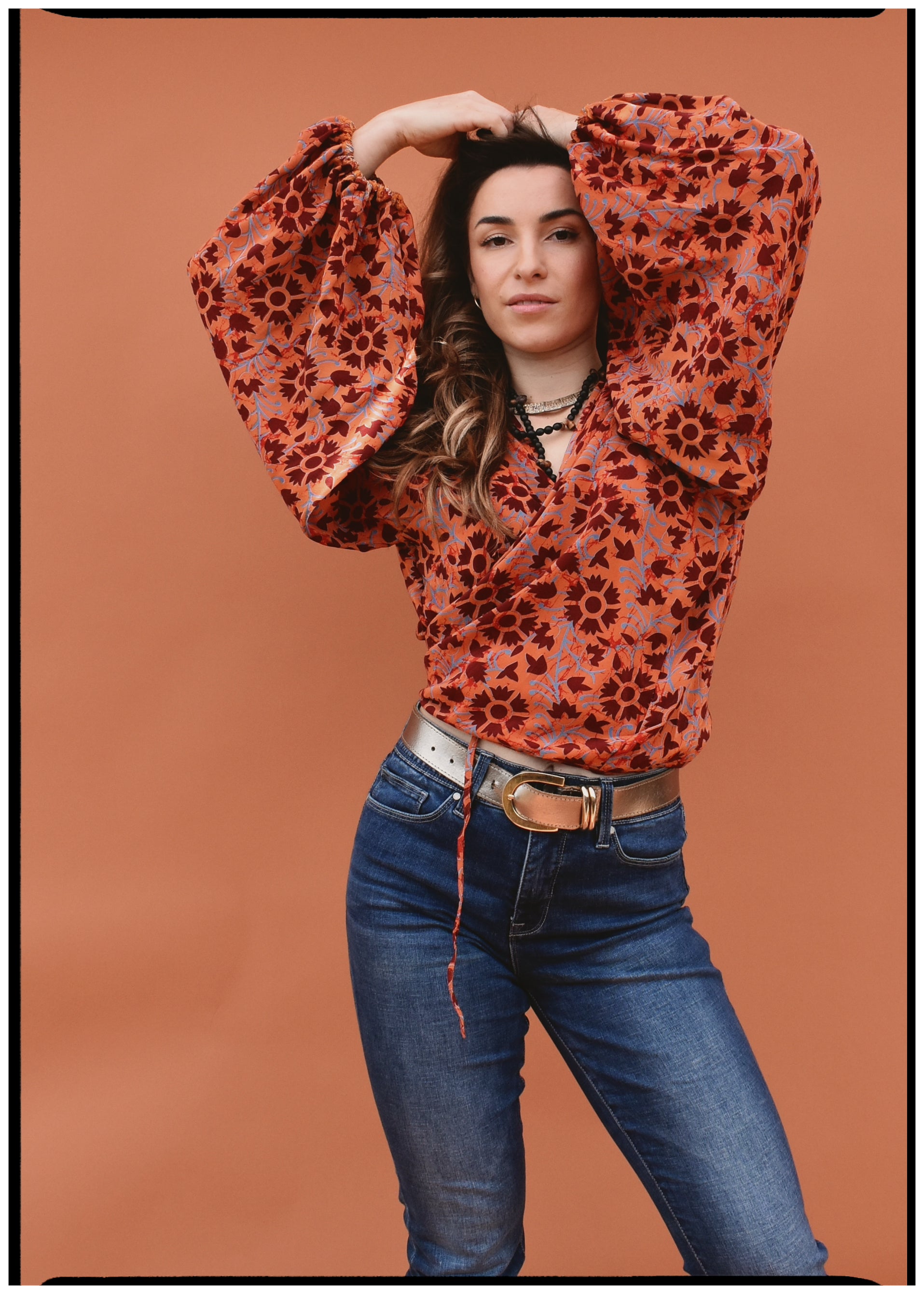 Hoya Silk Crepe Balloon Sleeve Wrap Top ~ Cayenne XL