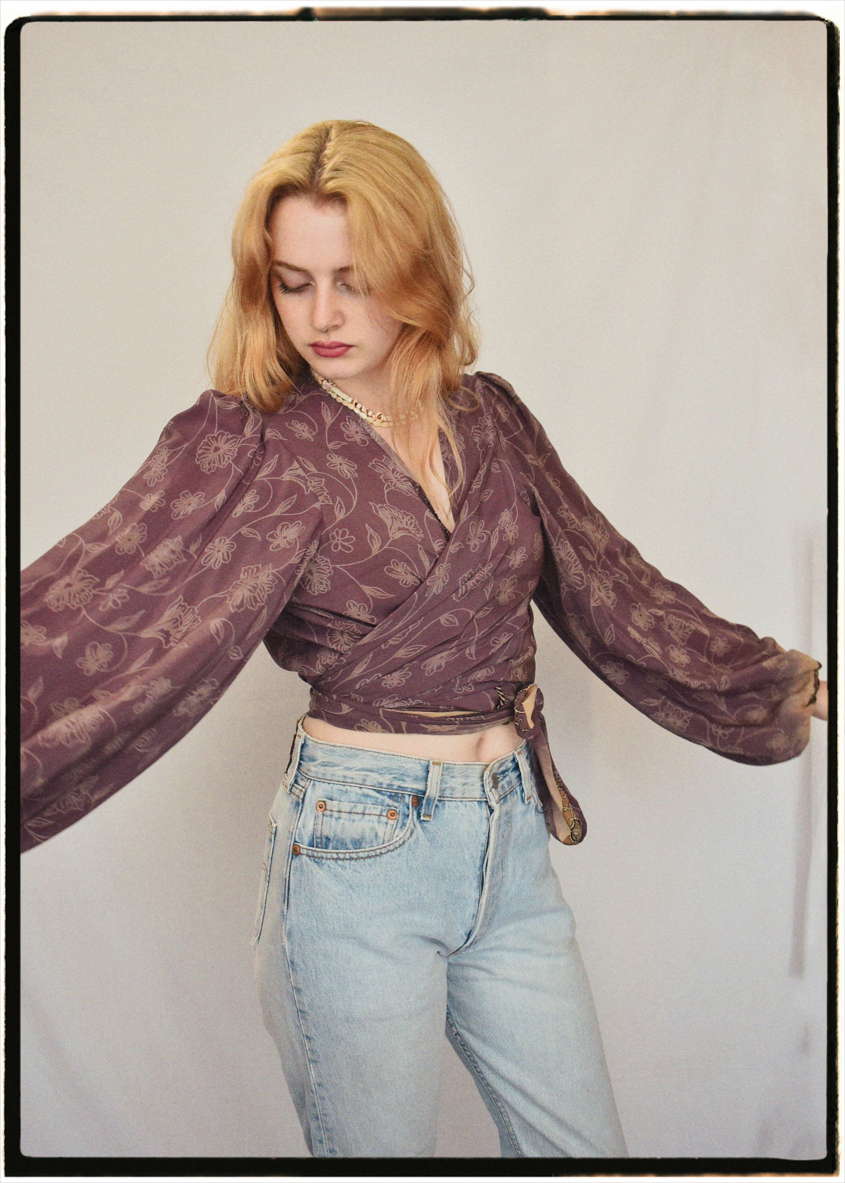 Hoya Silk Crepe Balloon Sleeve Wrap Top ~ Dusty Mauve L