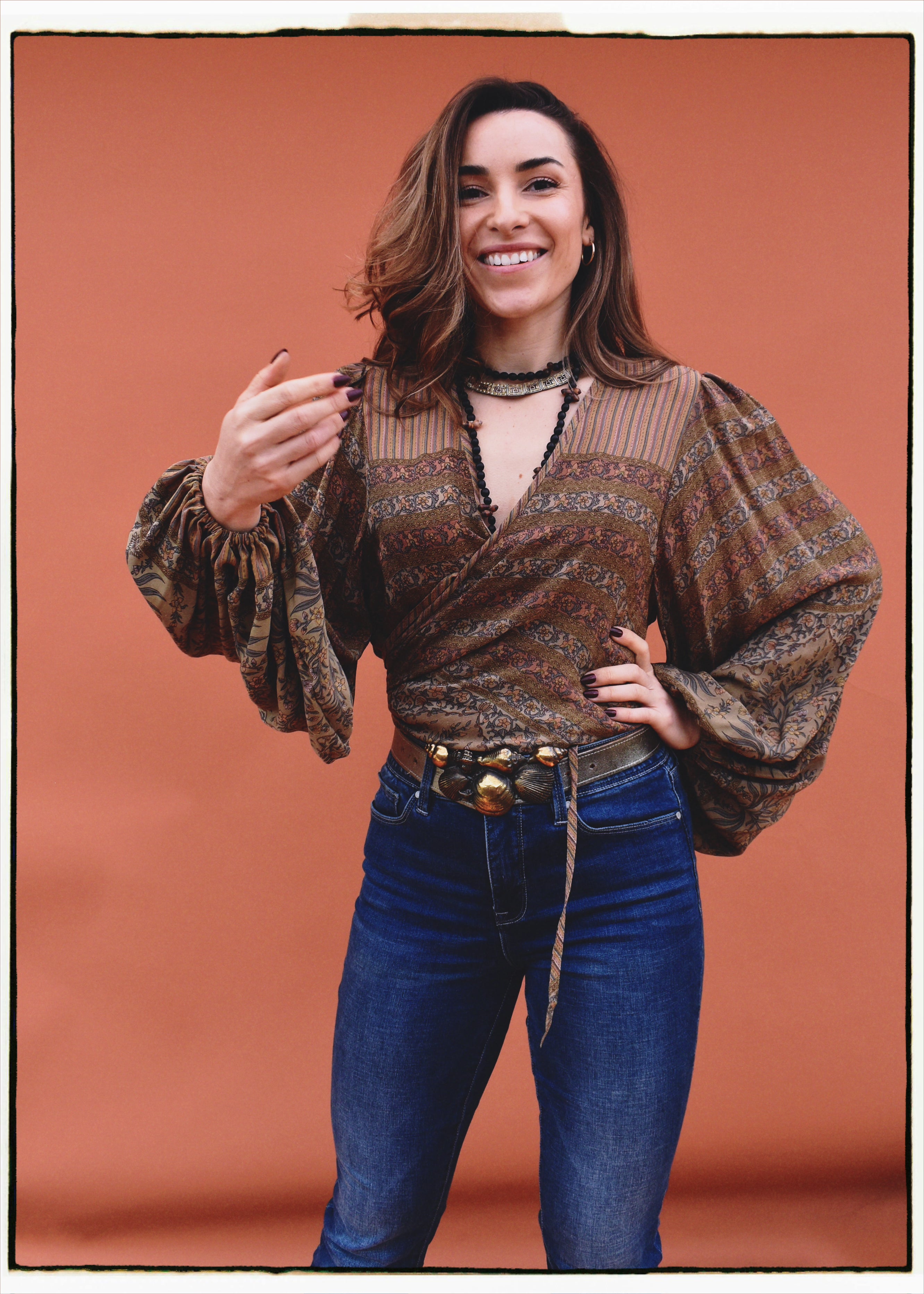 Hoya Silk Crepe Balloon Sleeve Wrap Top ~ Boa L