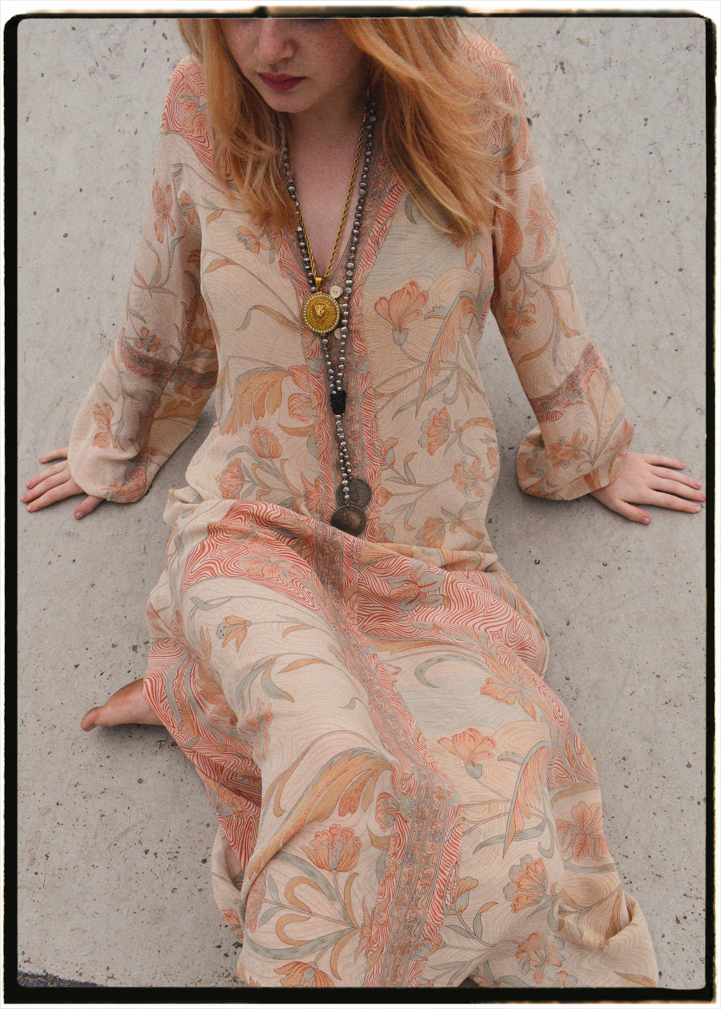 Zea Silk Crepe Kaftan Maxi Dress ~ Seashell XS