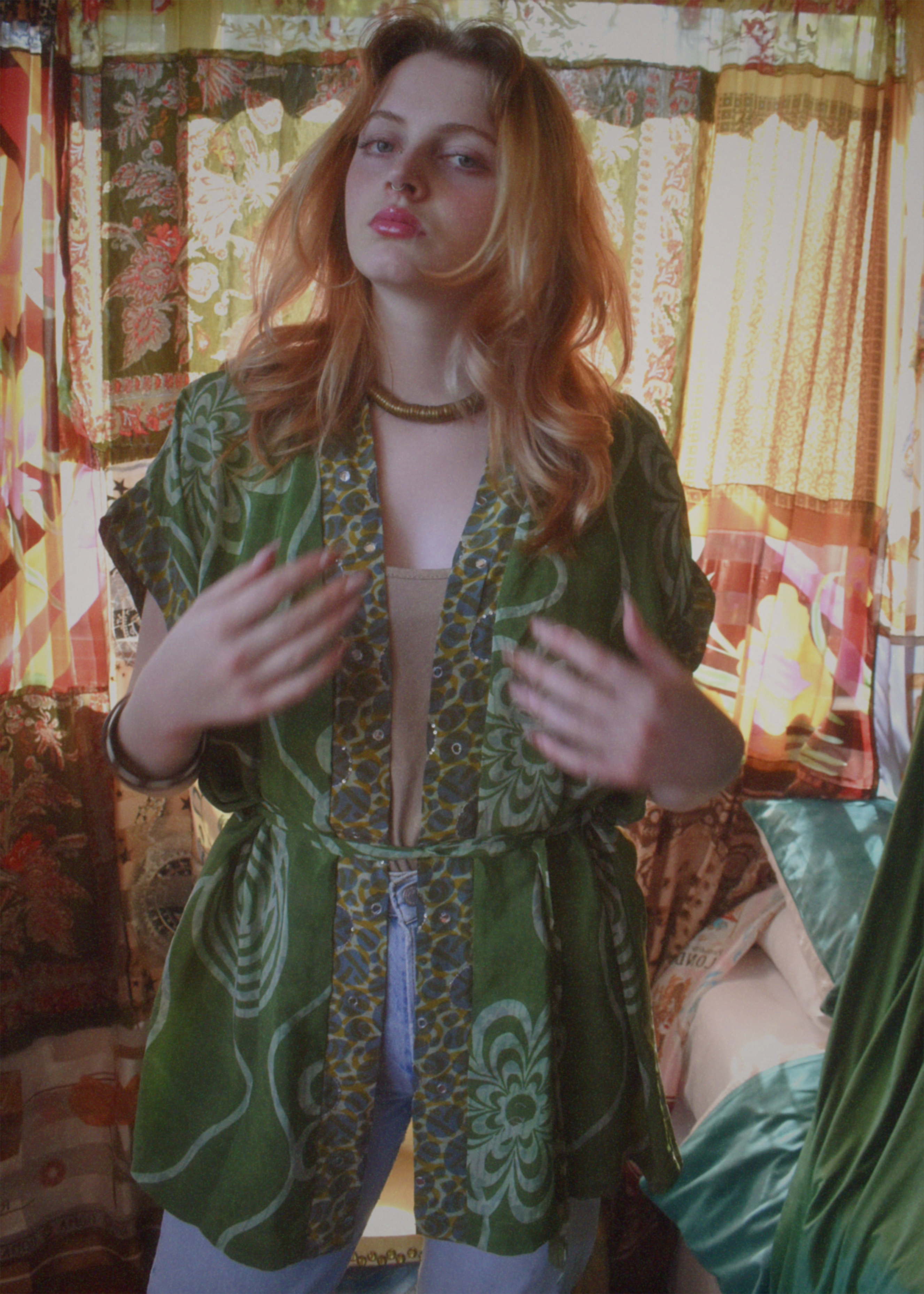 Pilea Silk Crepe Wrap Kimono Top ~ Kiwi L/XL