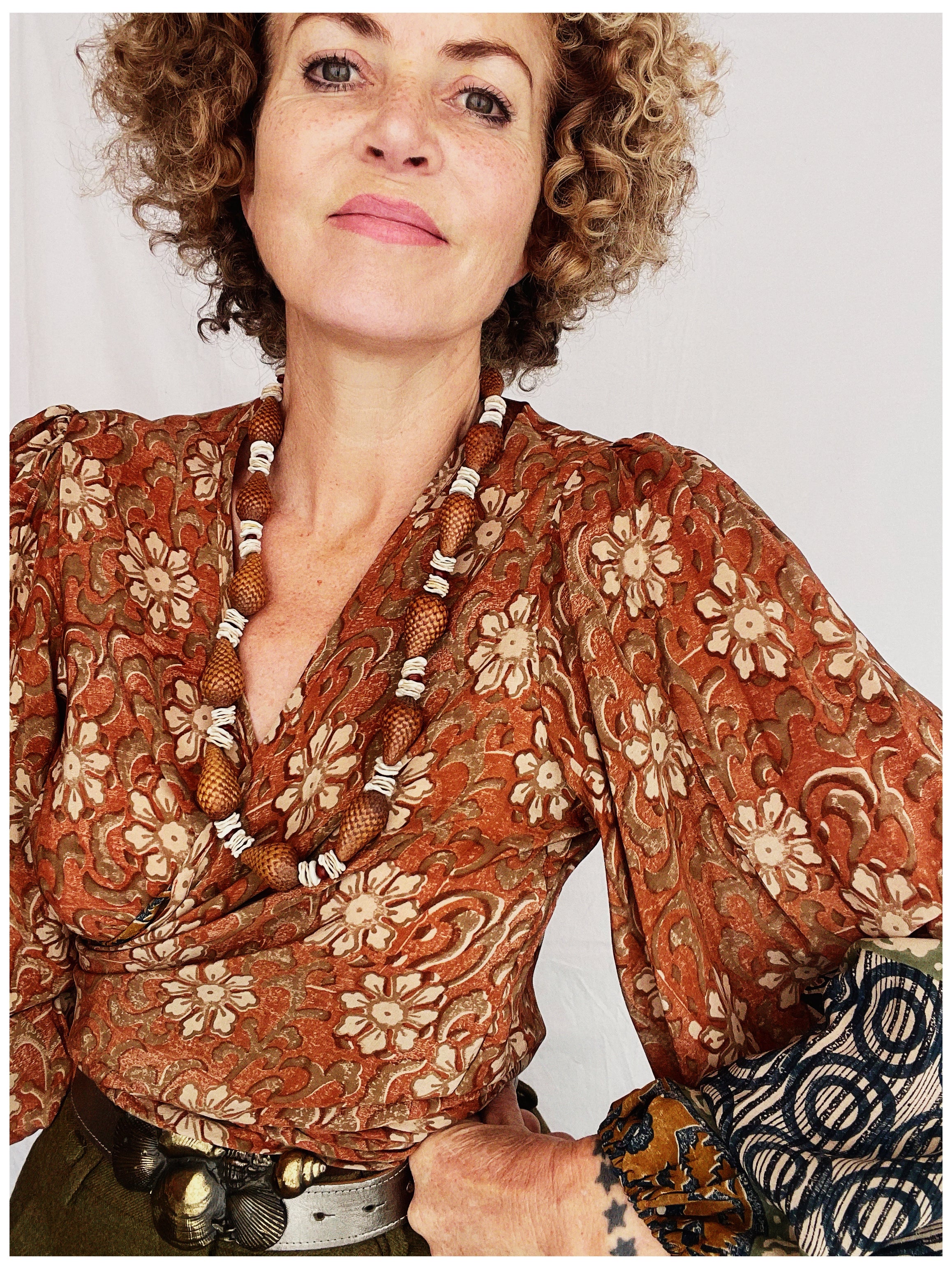 Hoya Silk Crepe Balloon Sleeve Wrap Top ~ Umber S