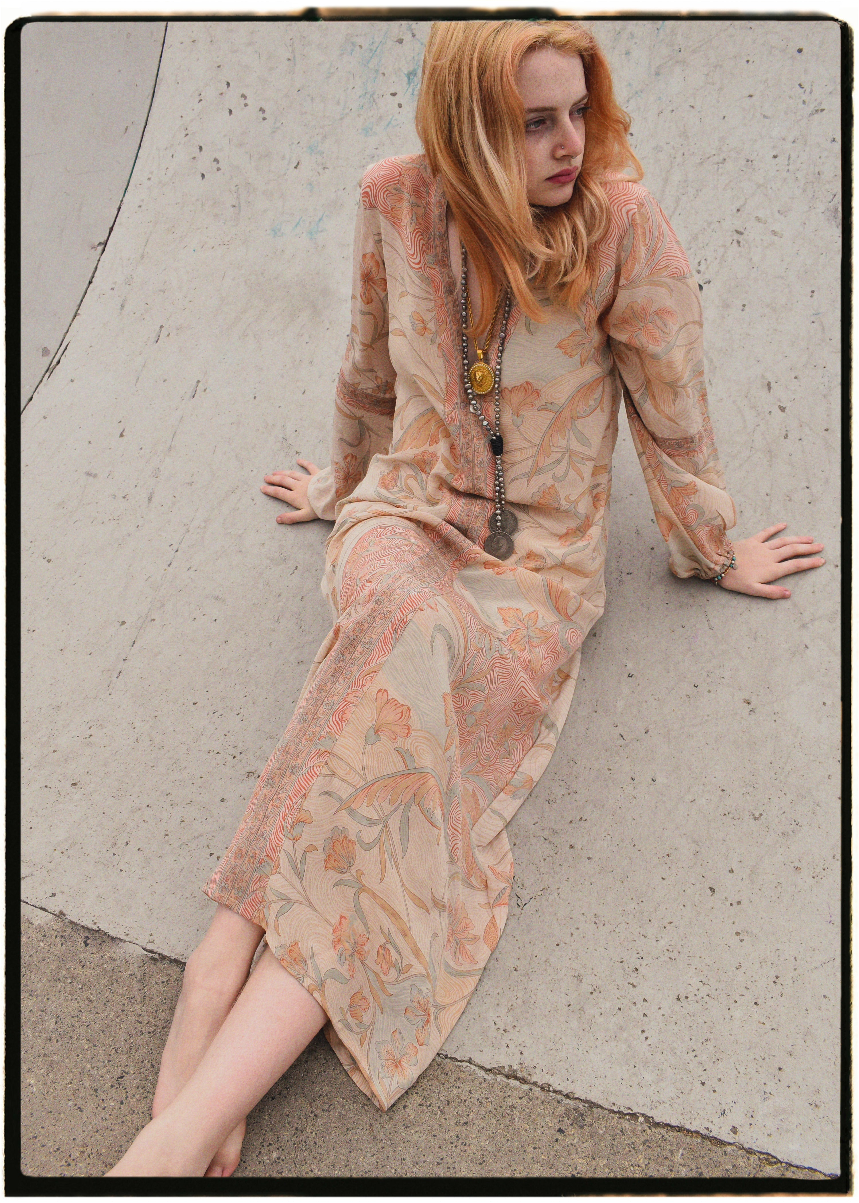 Zea Silk Crepe Kaftan Maxi Dress ~ Seashell XS