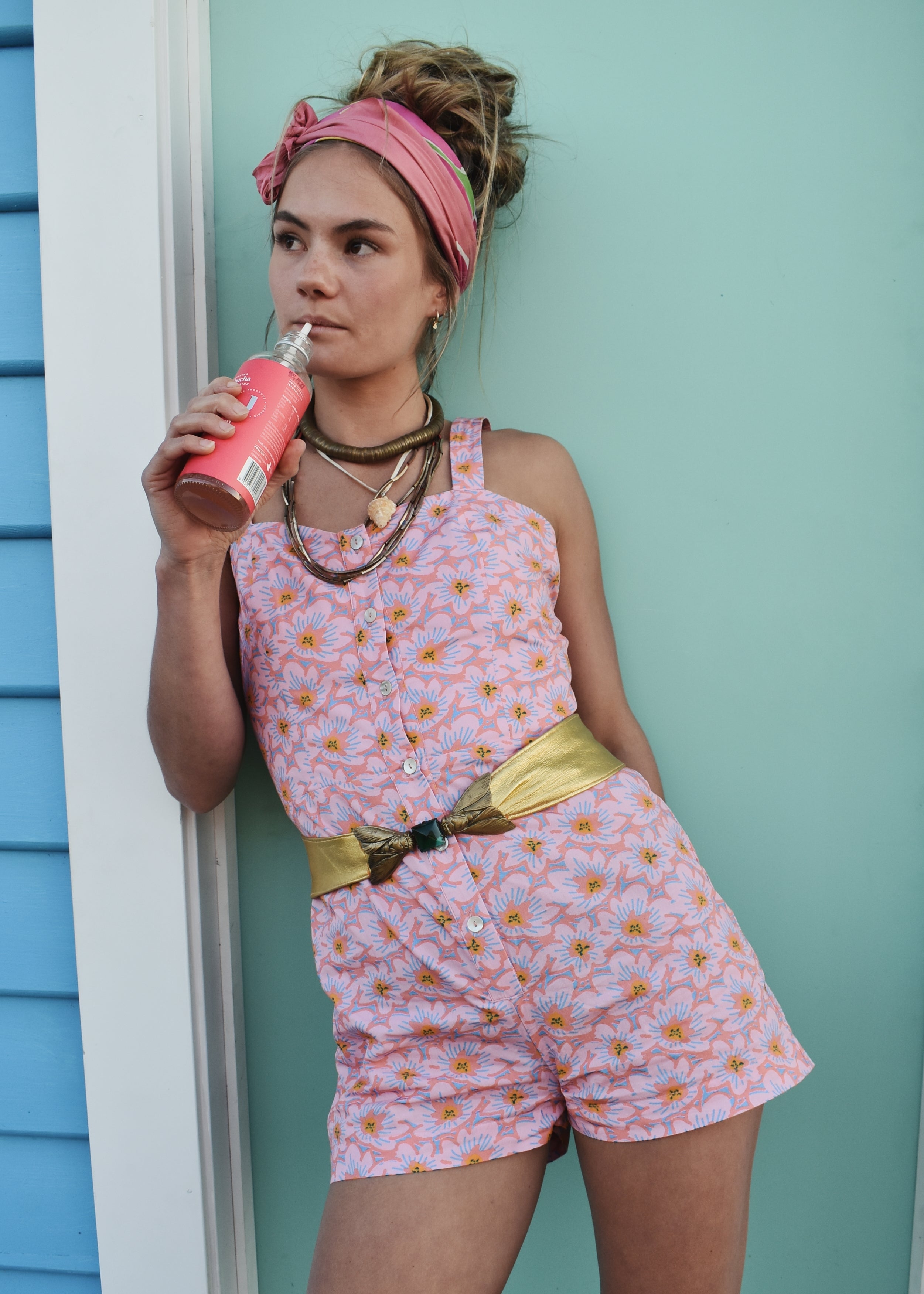 pink digital printed cotton playsuit beach suit bathing suit romper onesie with mother of pearl button closure