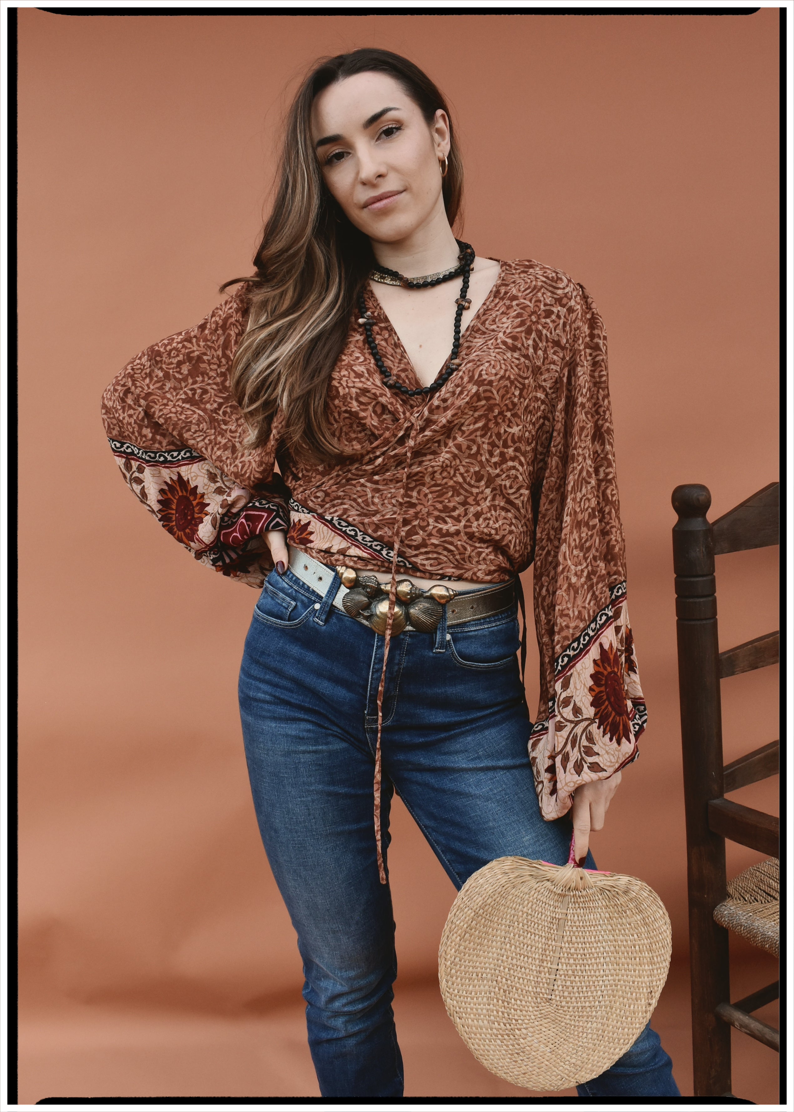 Hoya Silk Crepe Balloon Sleeve Wrap Top ~ Boheme XL