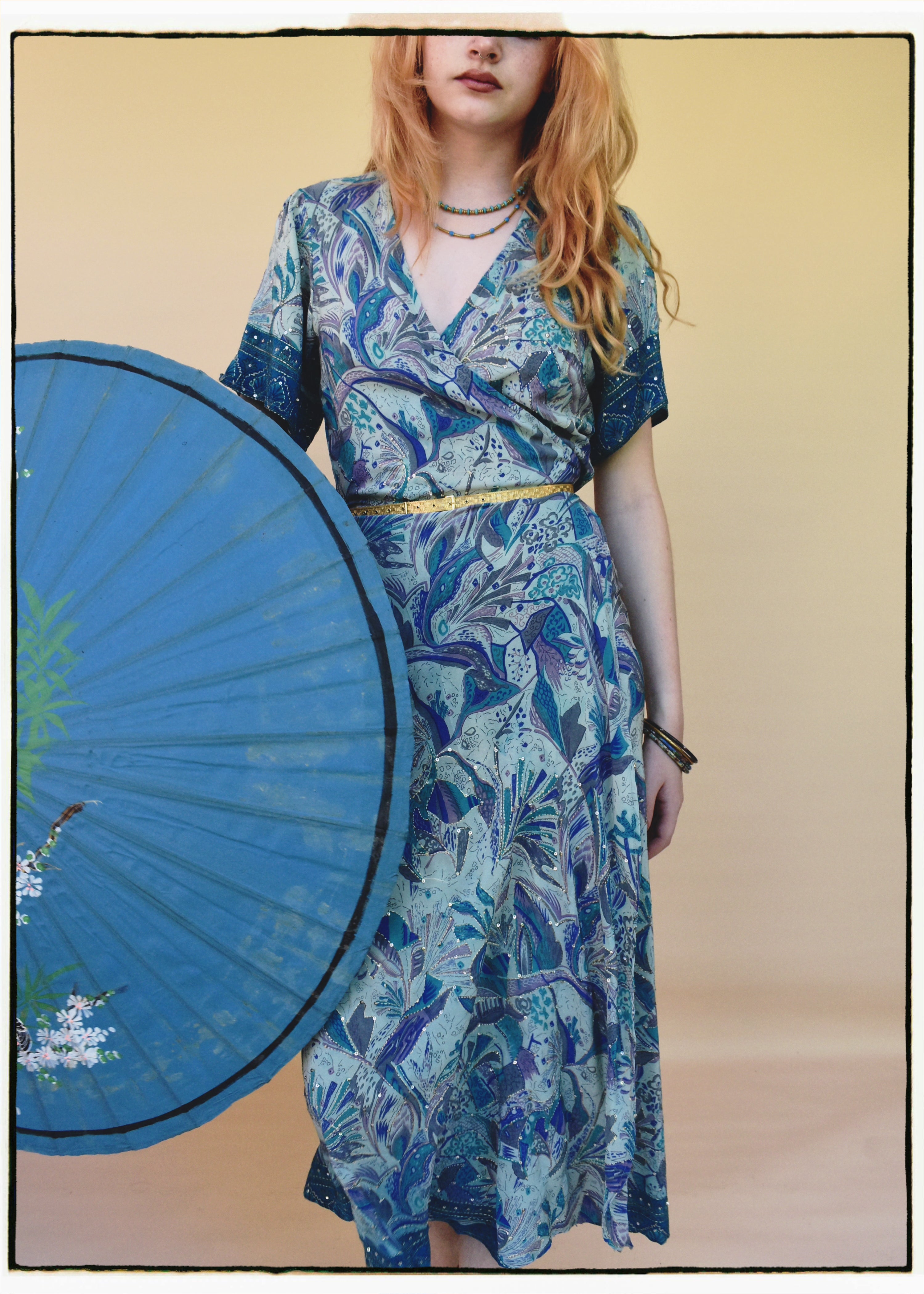 Liatris Silk Crepe Flutter Sleeve Wrap Dress ~ Skyride S