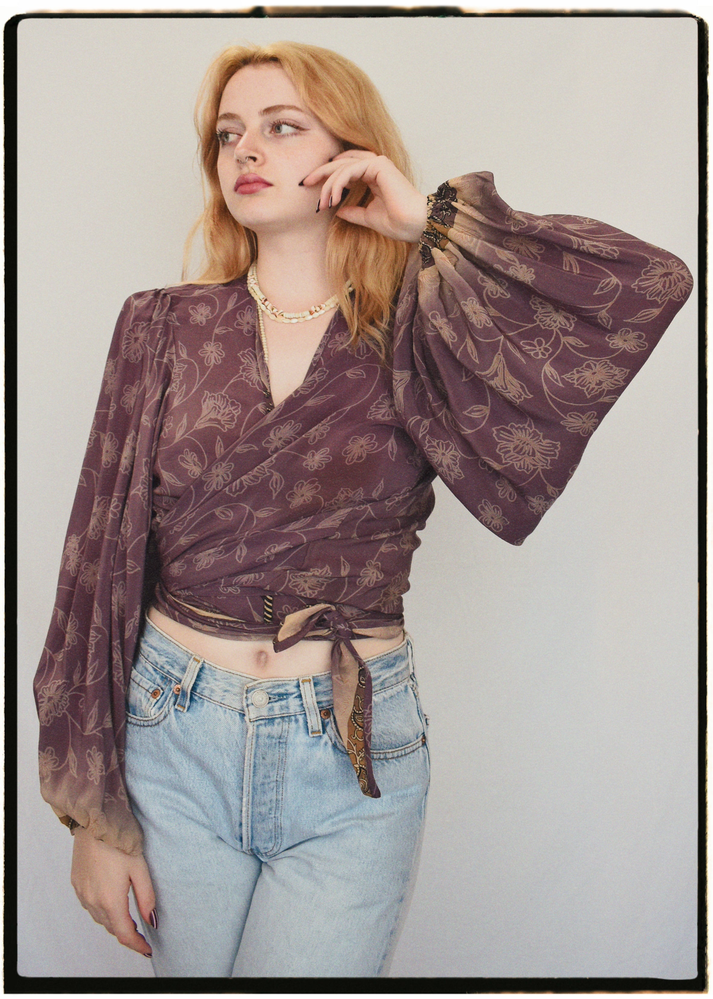 Hoya Silk Crepe Balloon Sleeve Wrap Top ~ Dusty Mauve L