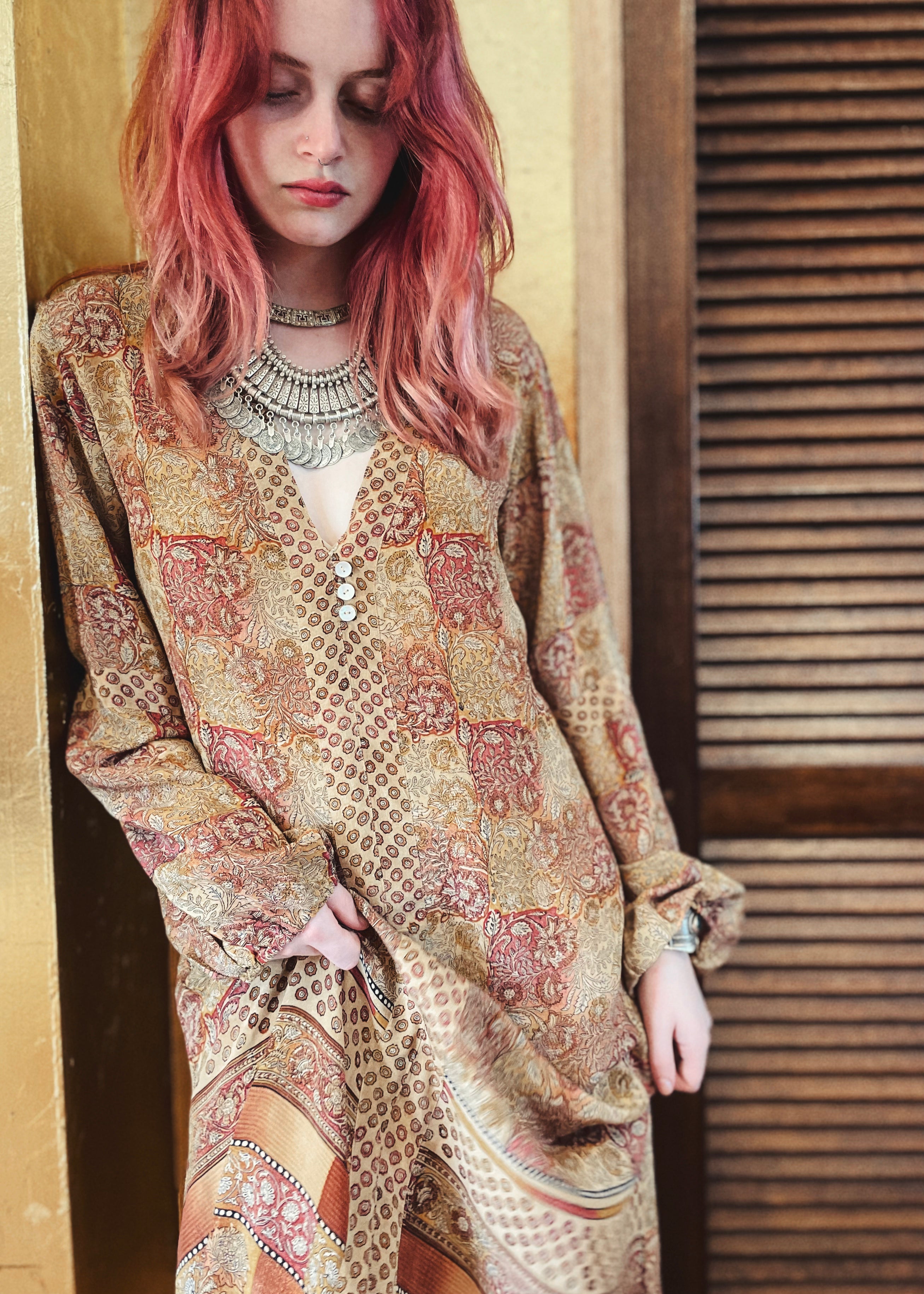 Zea Silk Crepe Kaftan Maxi Dress ~ Cameo XS