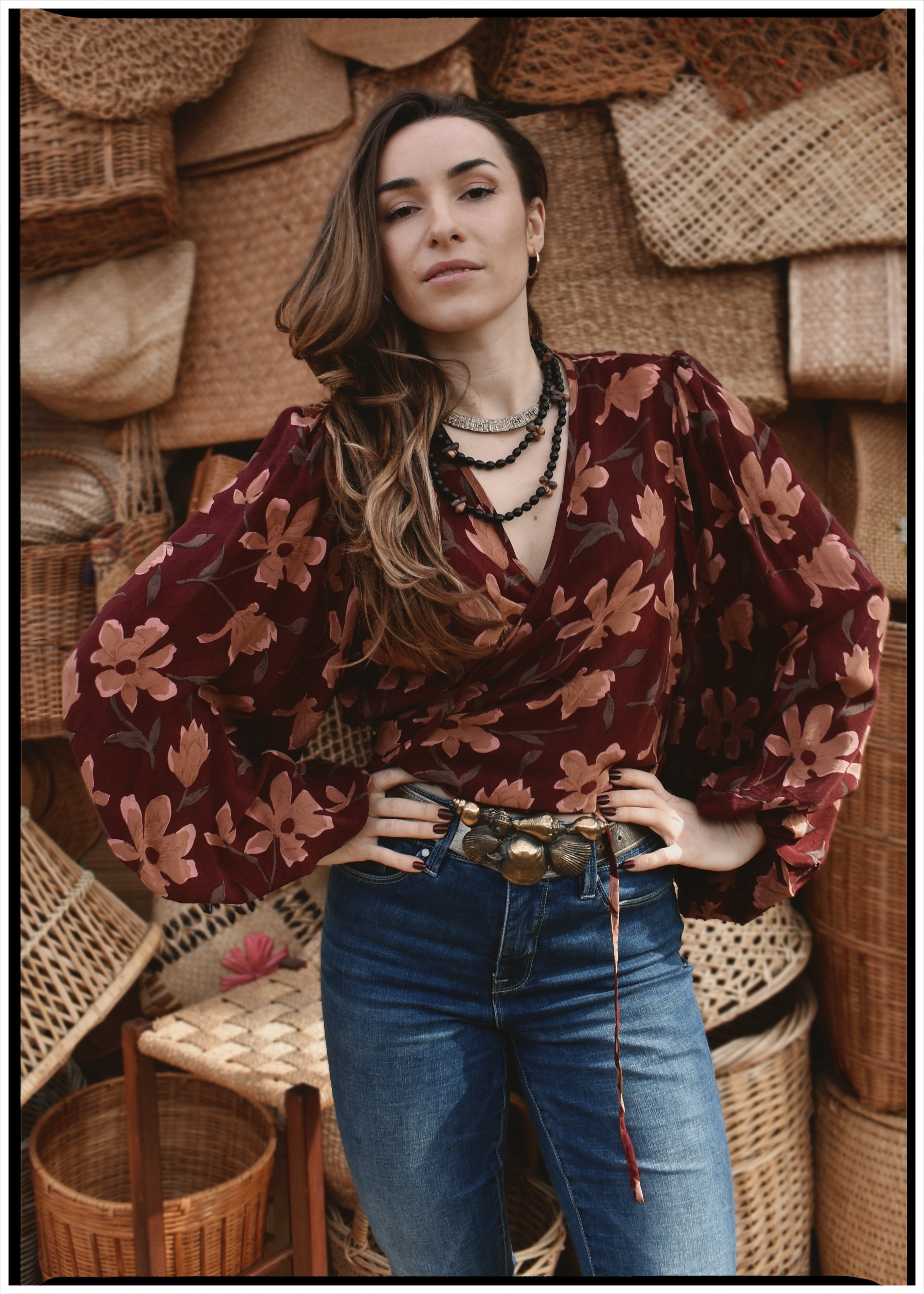 Hoya Silk Crepe Balloon Sleeve Wrap Top ~ Daphne L