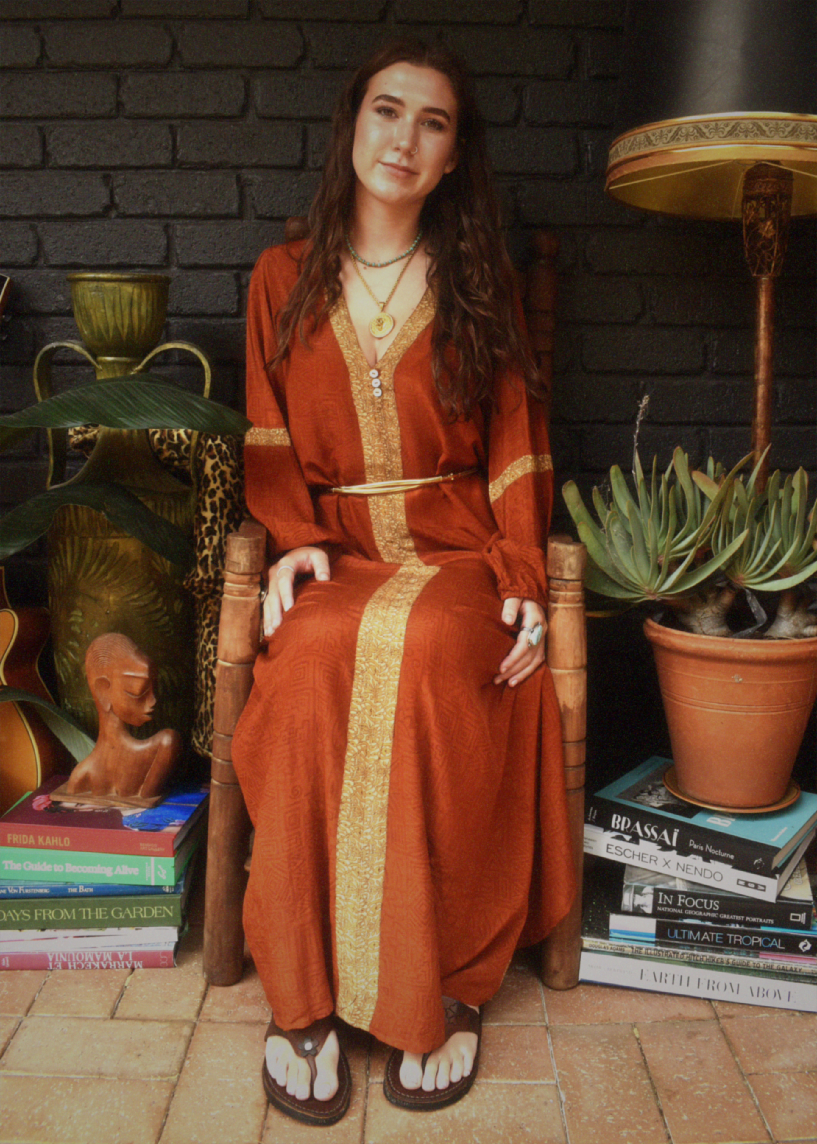 Zea Silk Crepe Kaftan Maxi Dress ~ Almond L