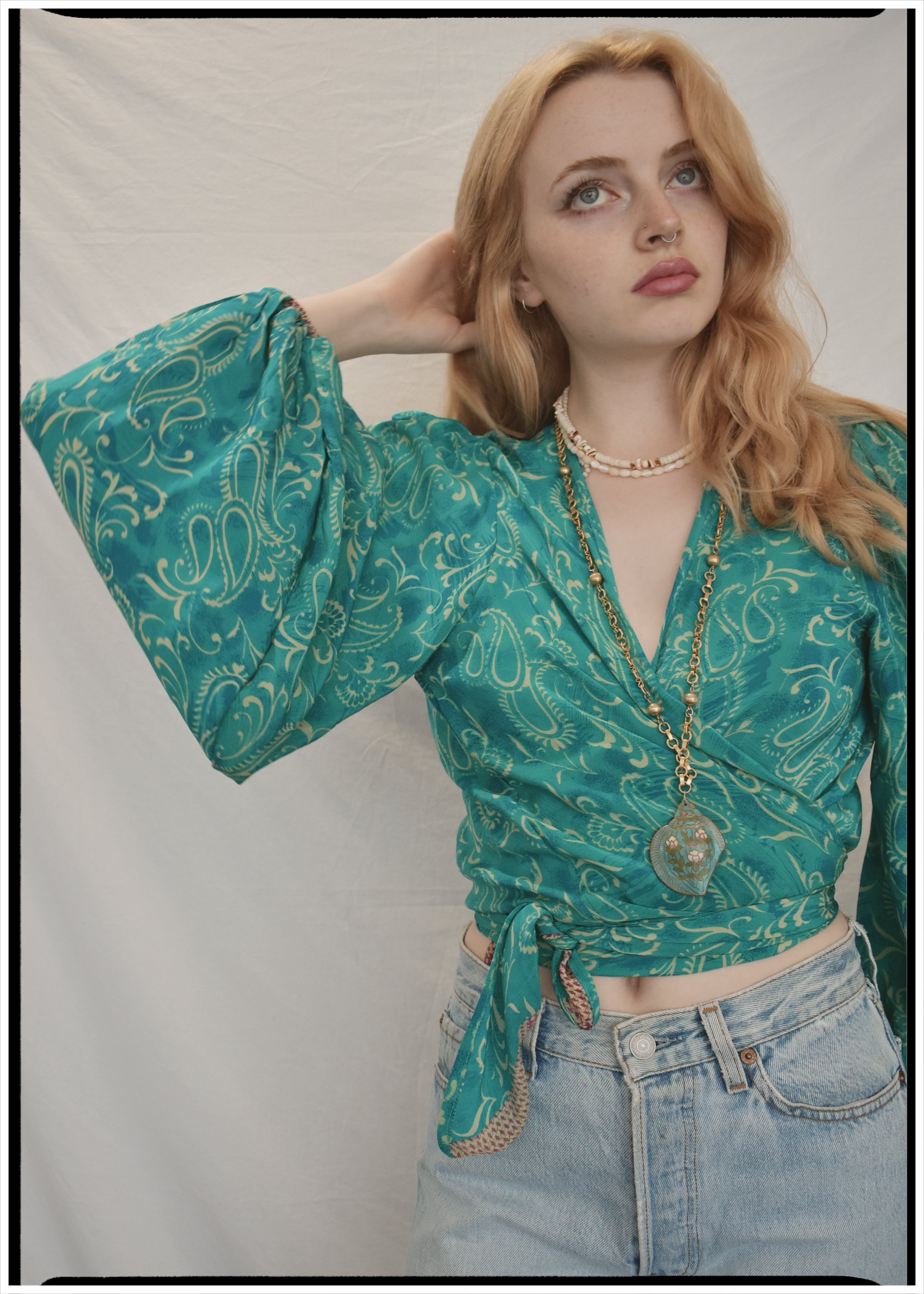 Hoya Silk Crepe Balloon Sleeve Wrap Top ~ Crystal S