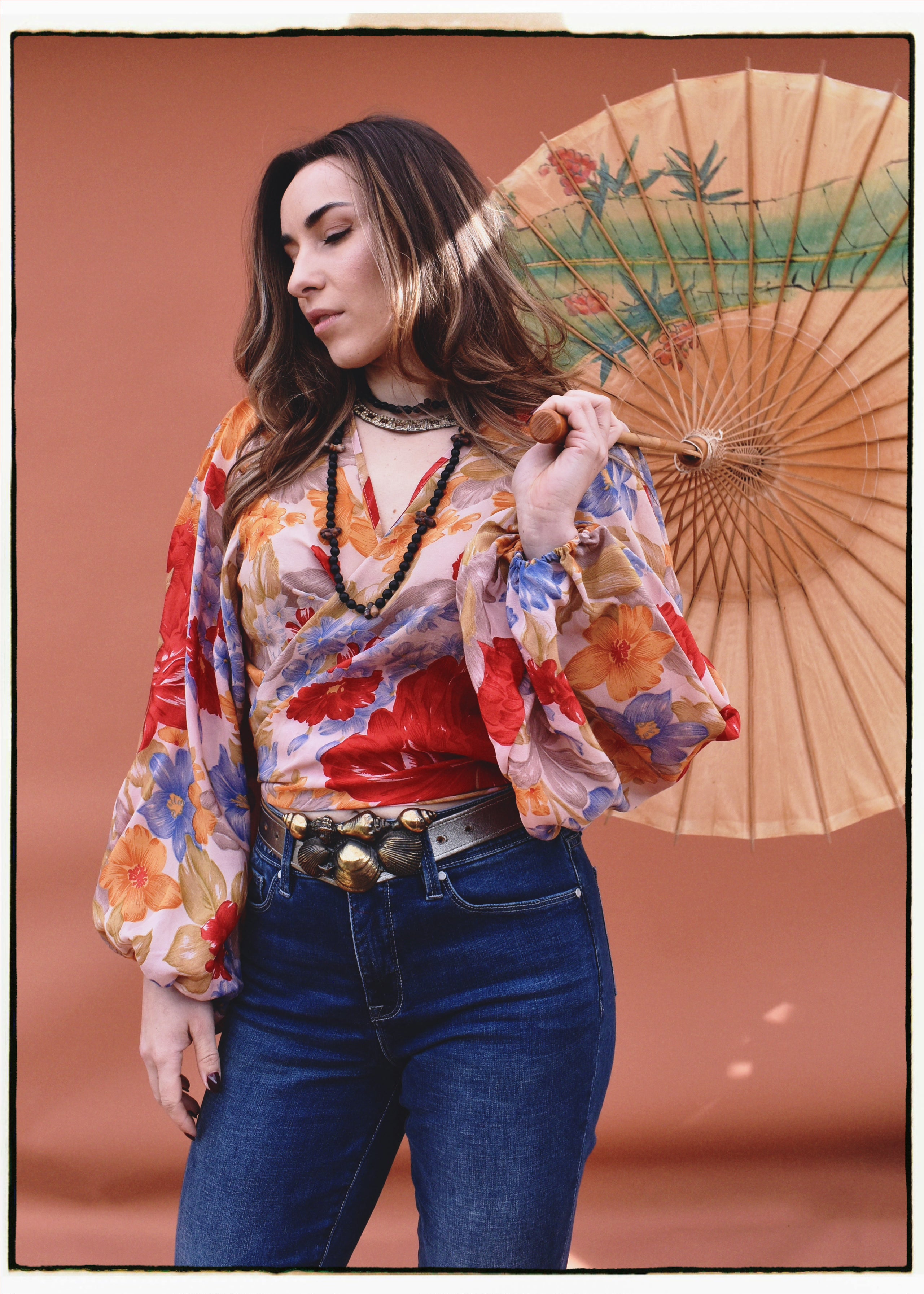 Hoya Silk Crepe Balloon Sleeve Wrap Top ~ Flora L