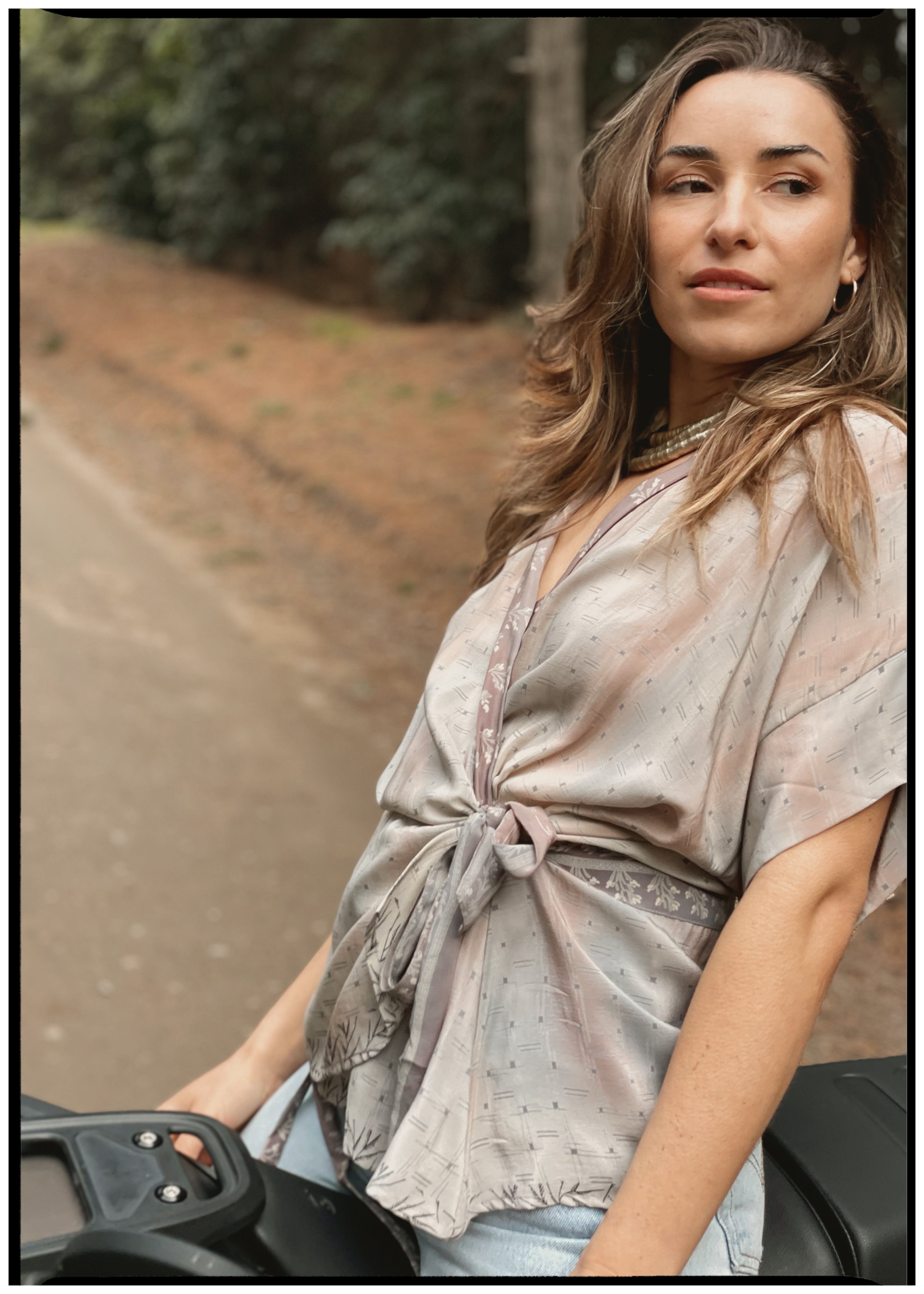 Bassia Silk Crepe Cross Tie Front Blouse ~ Oyster XL