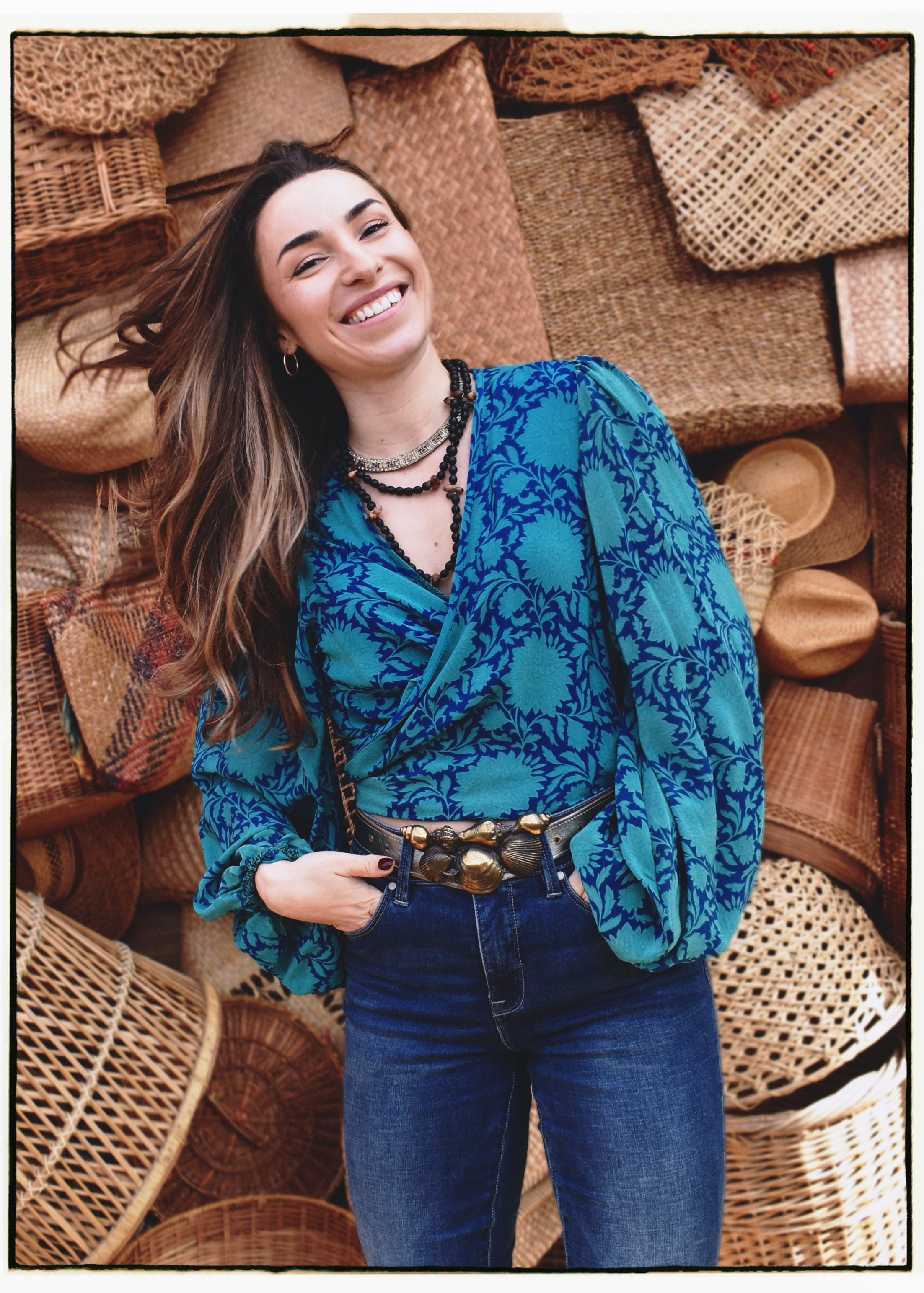 Hoya Silk Crepe Balloon Sleeve Wrap Top ~ Scuba L