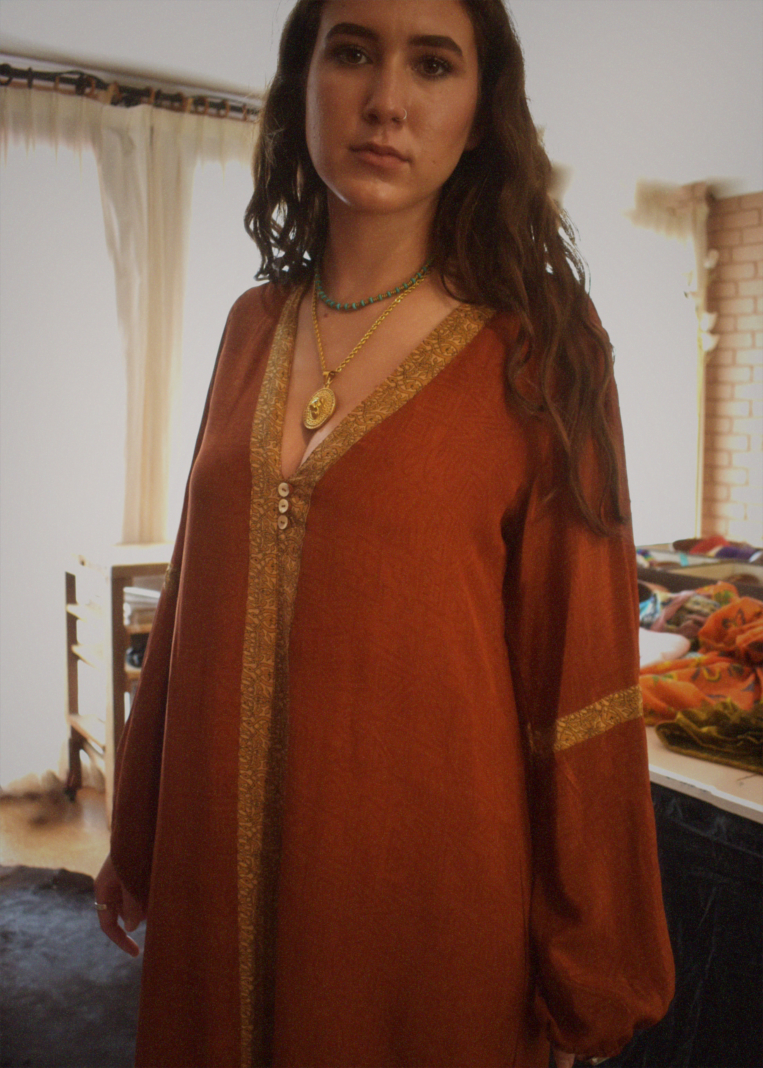 Zea Silk Crepe Kaftan Maxi Dress ~ Almond L