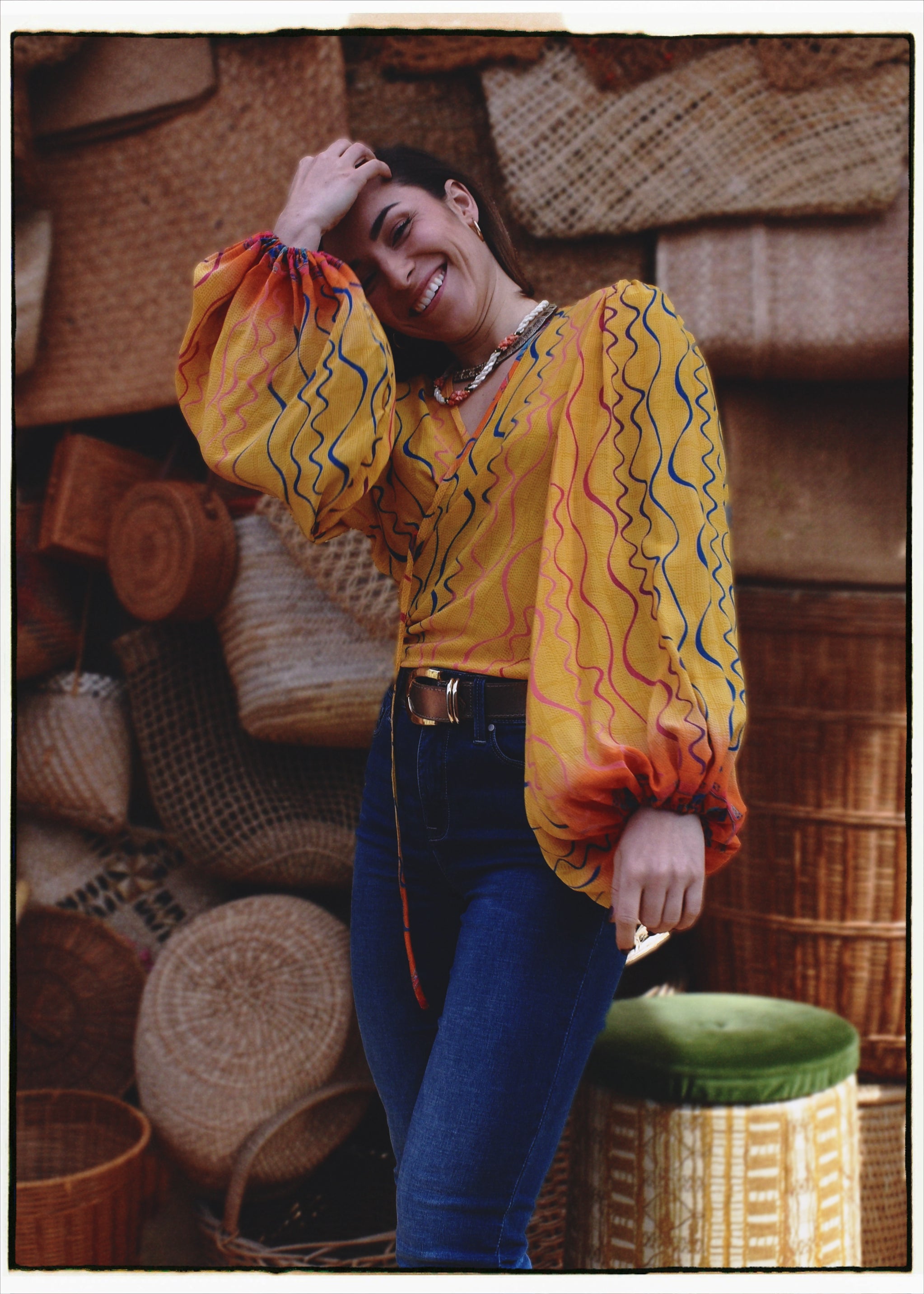 Hoya Silk Crepe Balloon Sleeve Wrap Top ~ Calendula XL