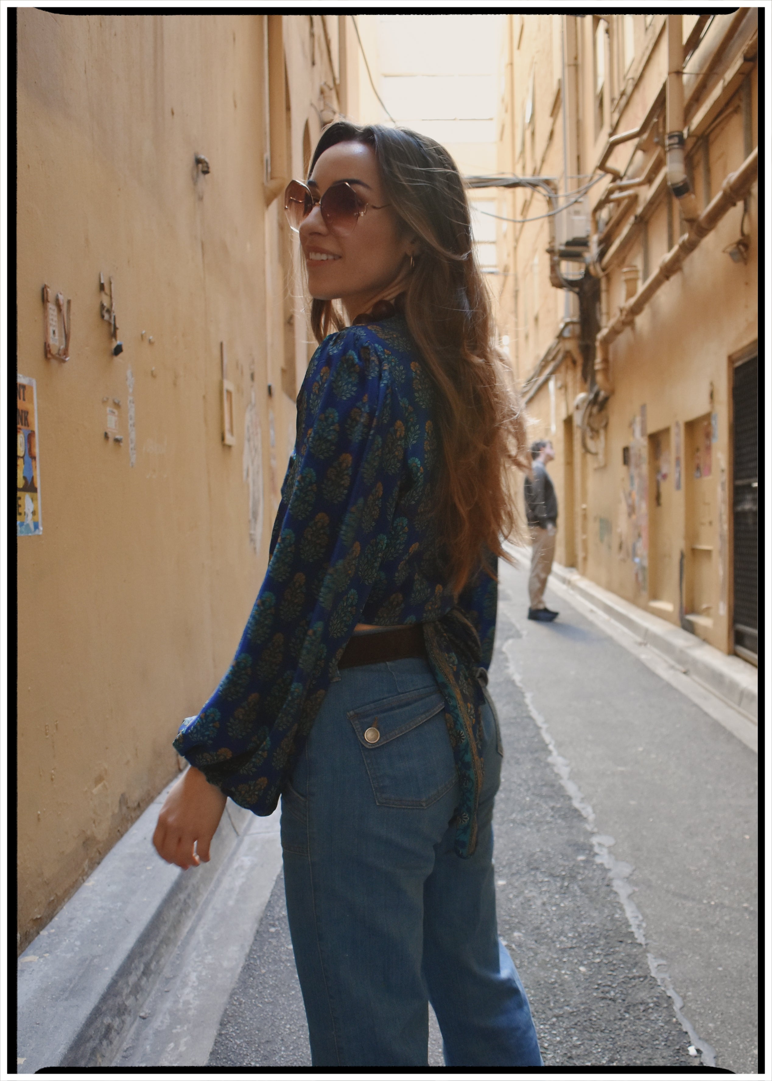 Hoya Silk Crepe Balloon Sleeve Wrap Top ~ Lapis S