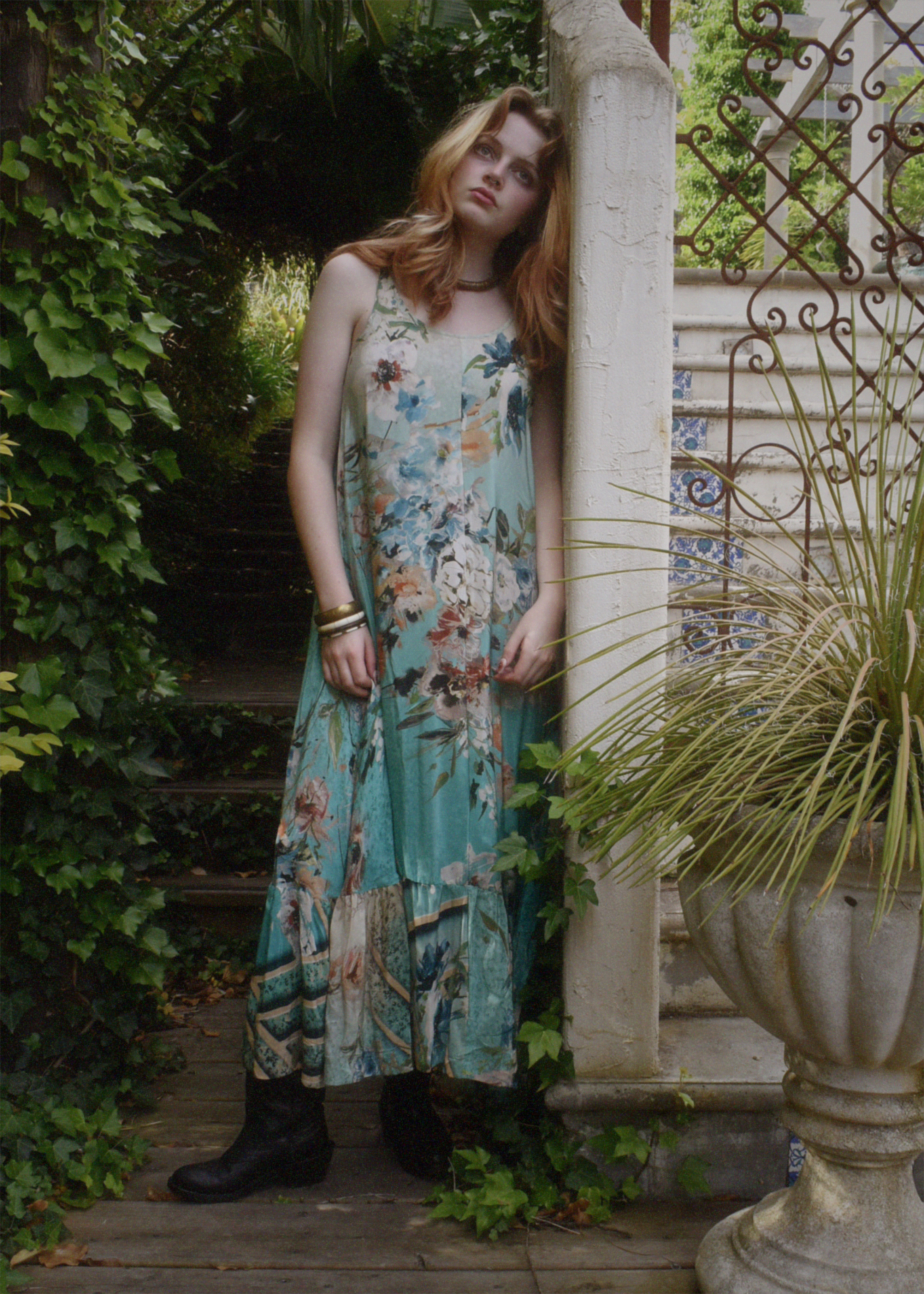 Eustoma Silk Crepe Swing Maxi Dress ~ Azurine S