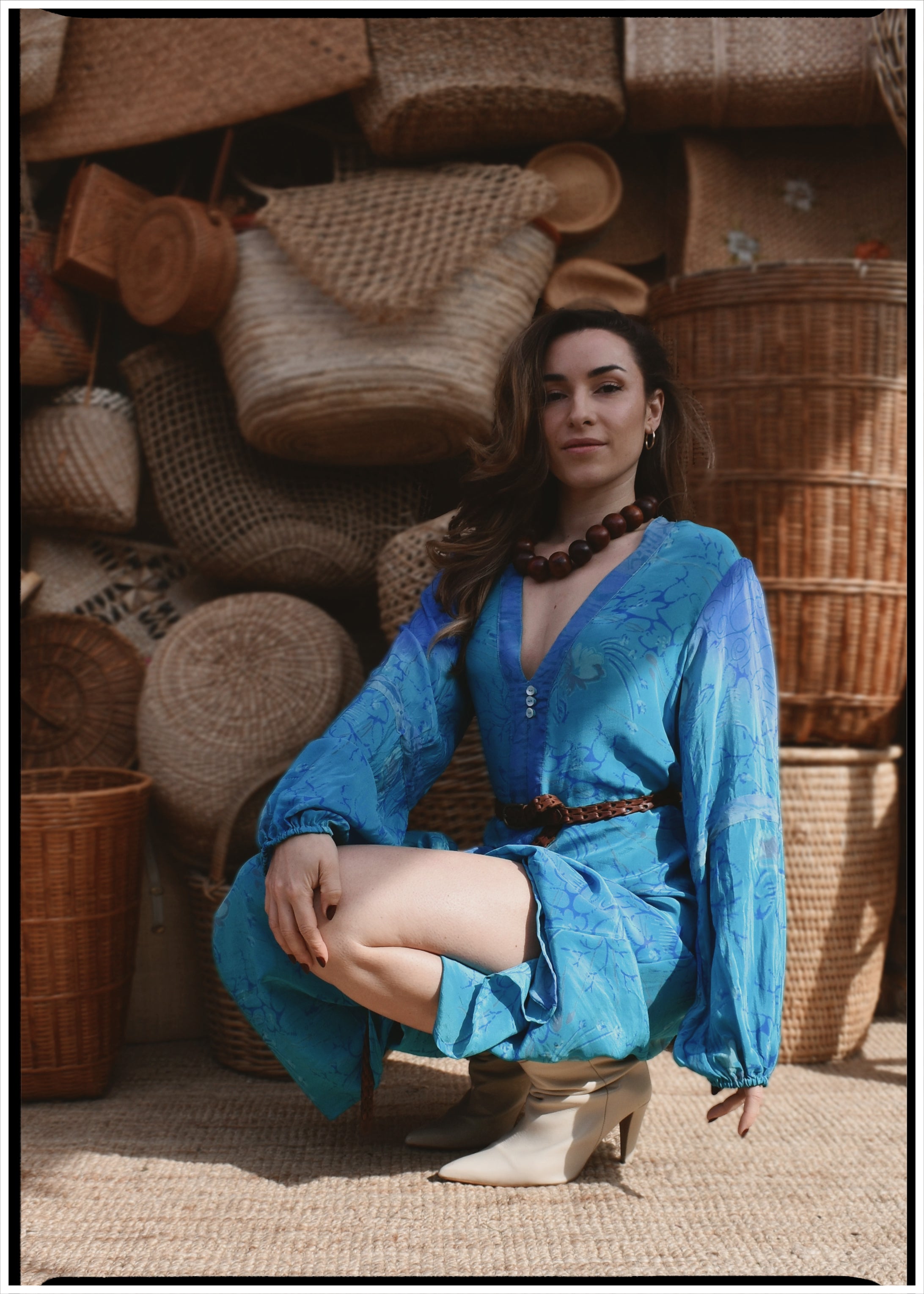 Zea Silk Crepe Kaftan Maxi Dress ~ Aquarius L