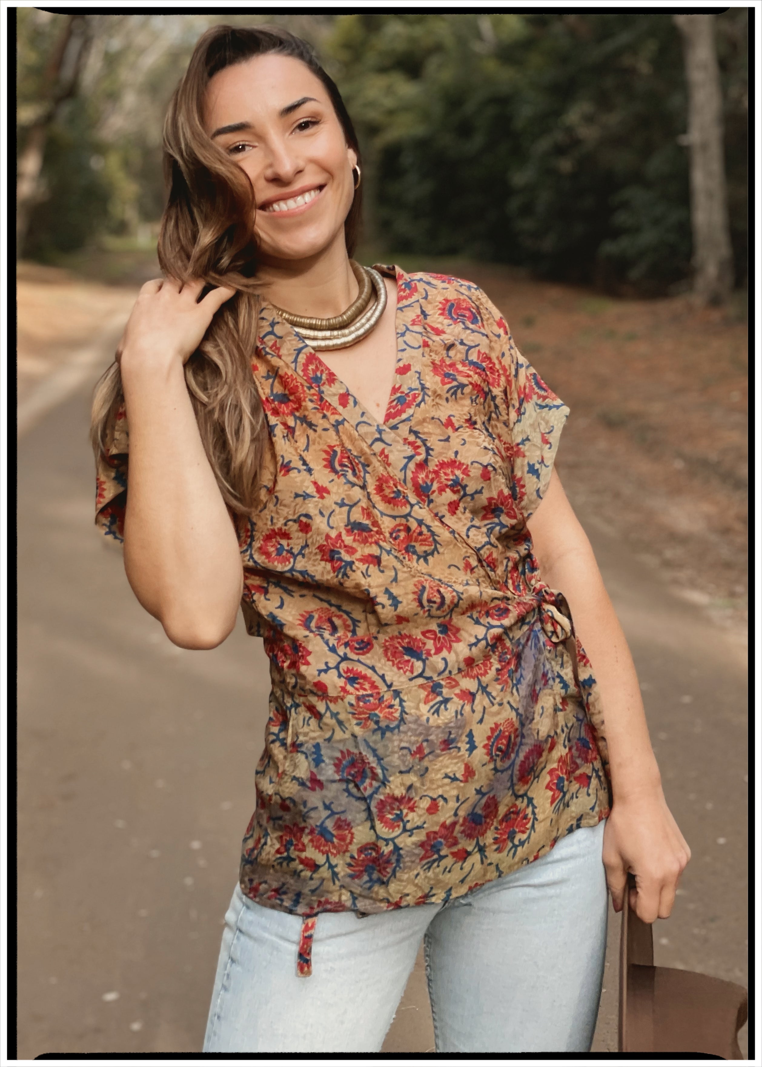Bassia Silk Crepe Cross Tie Front Blouse ~ Golden XS