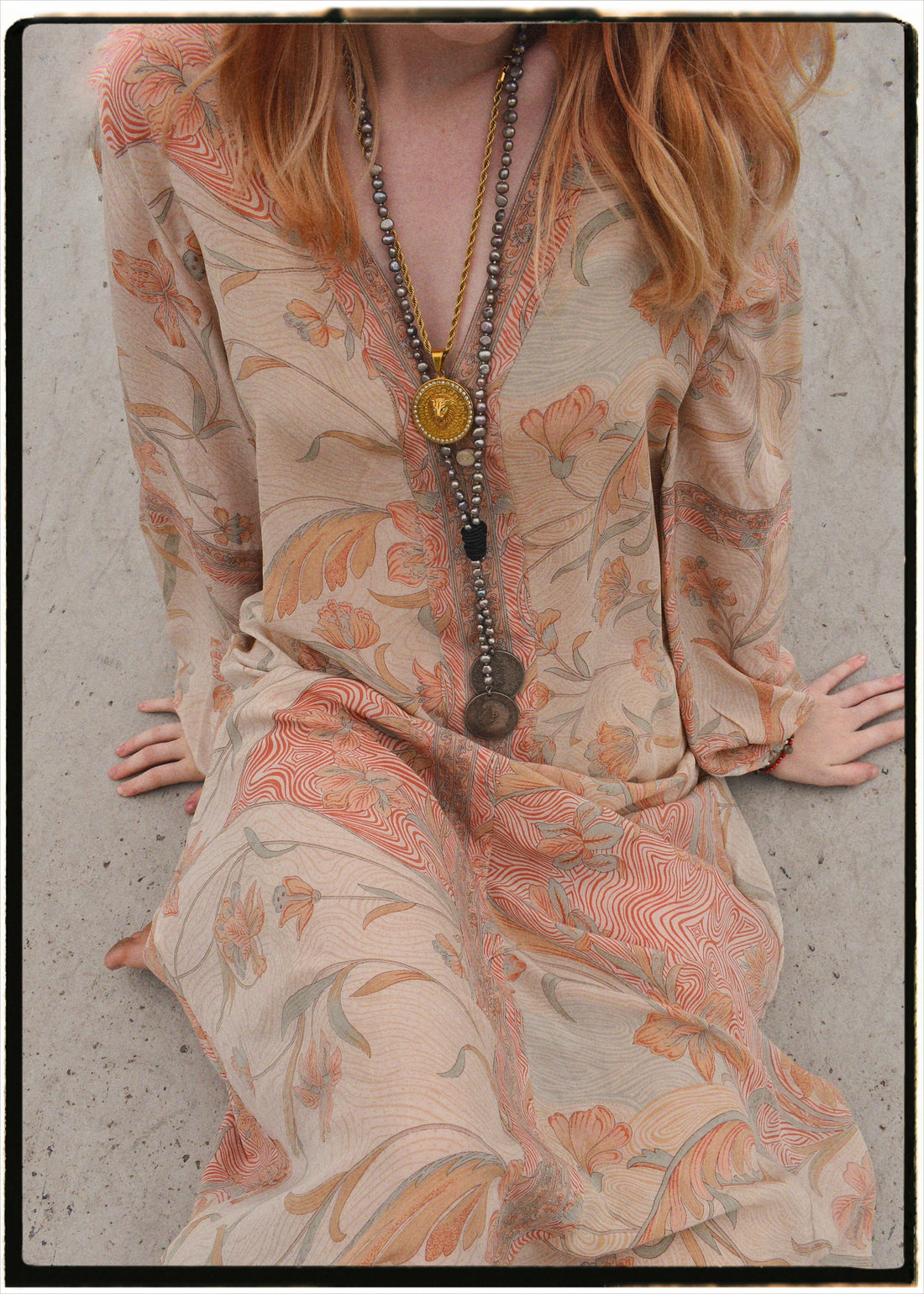 Zea Silk Crepe Kaftan Maxi Dress ~ Seashell XS