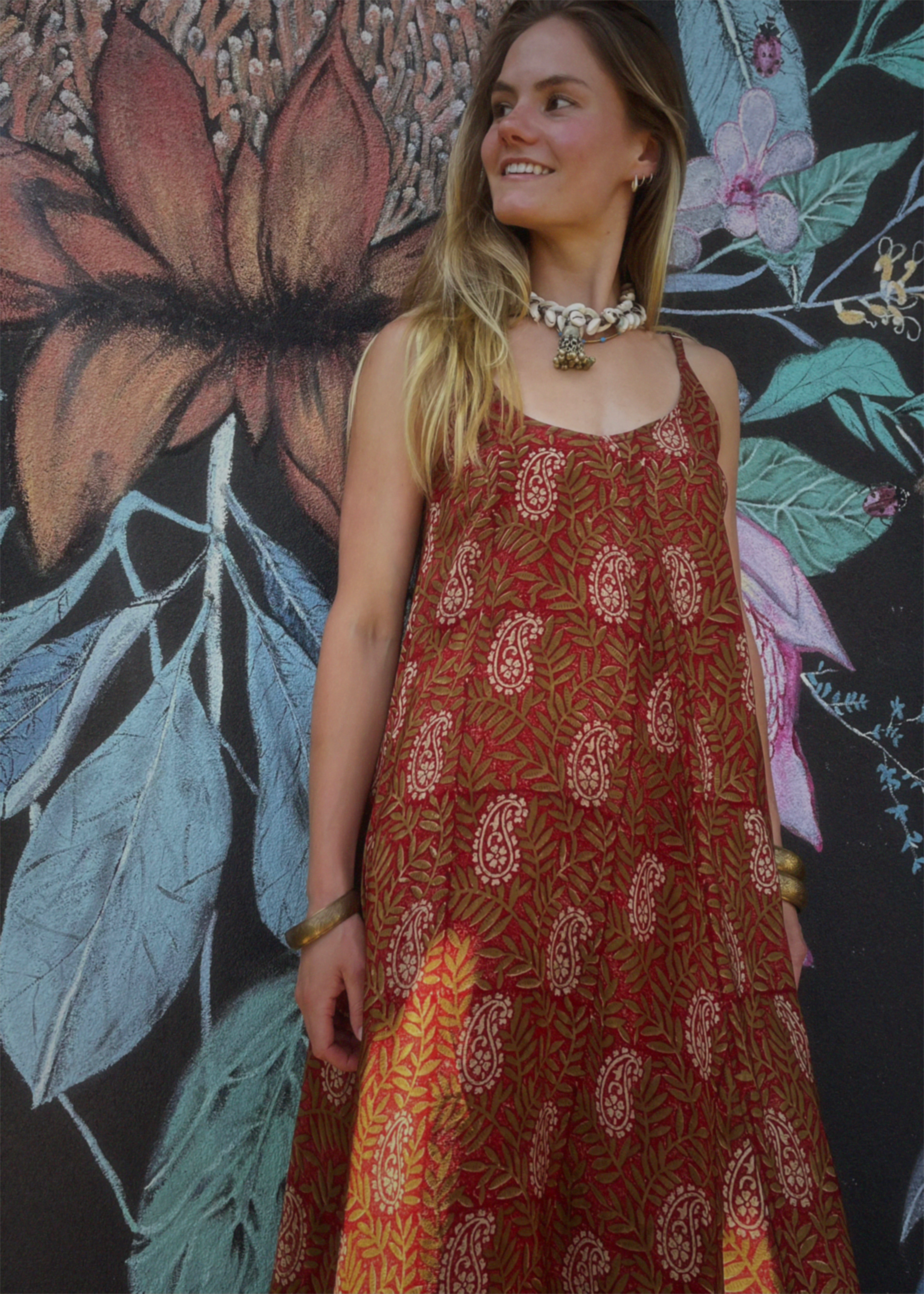 Eustoma Silk Crepe Swing Maxi Dress ~ Rumba XS